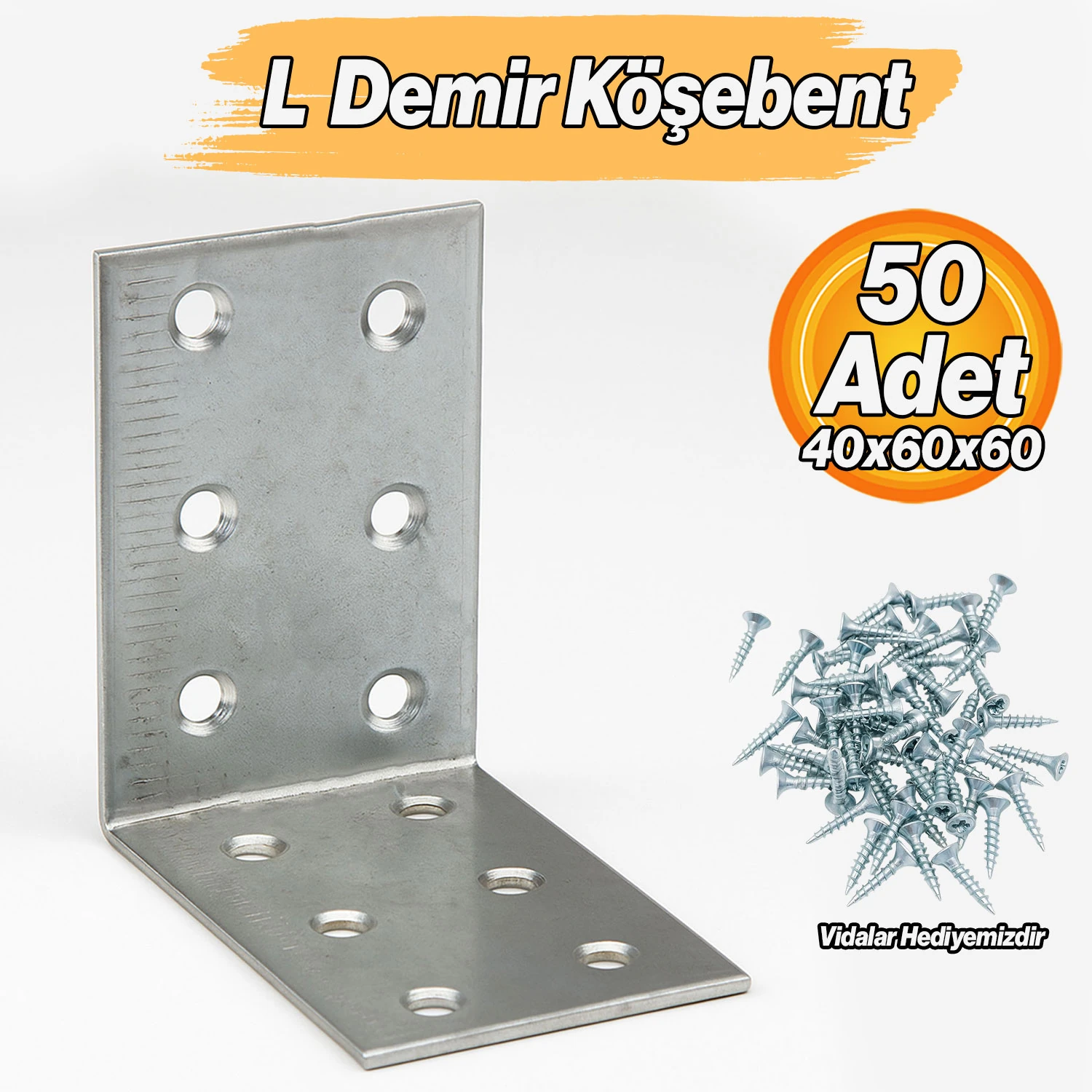 Metal L Demiri 40x60x60 mm Köşebent (50 Adet) Mobilya Dolap Eşya Duvara Sabitleme Bağlantı Aparatı