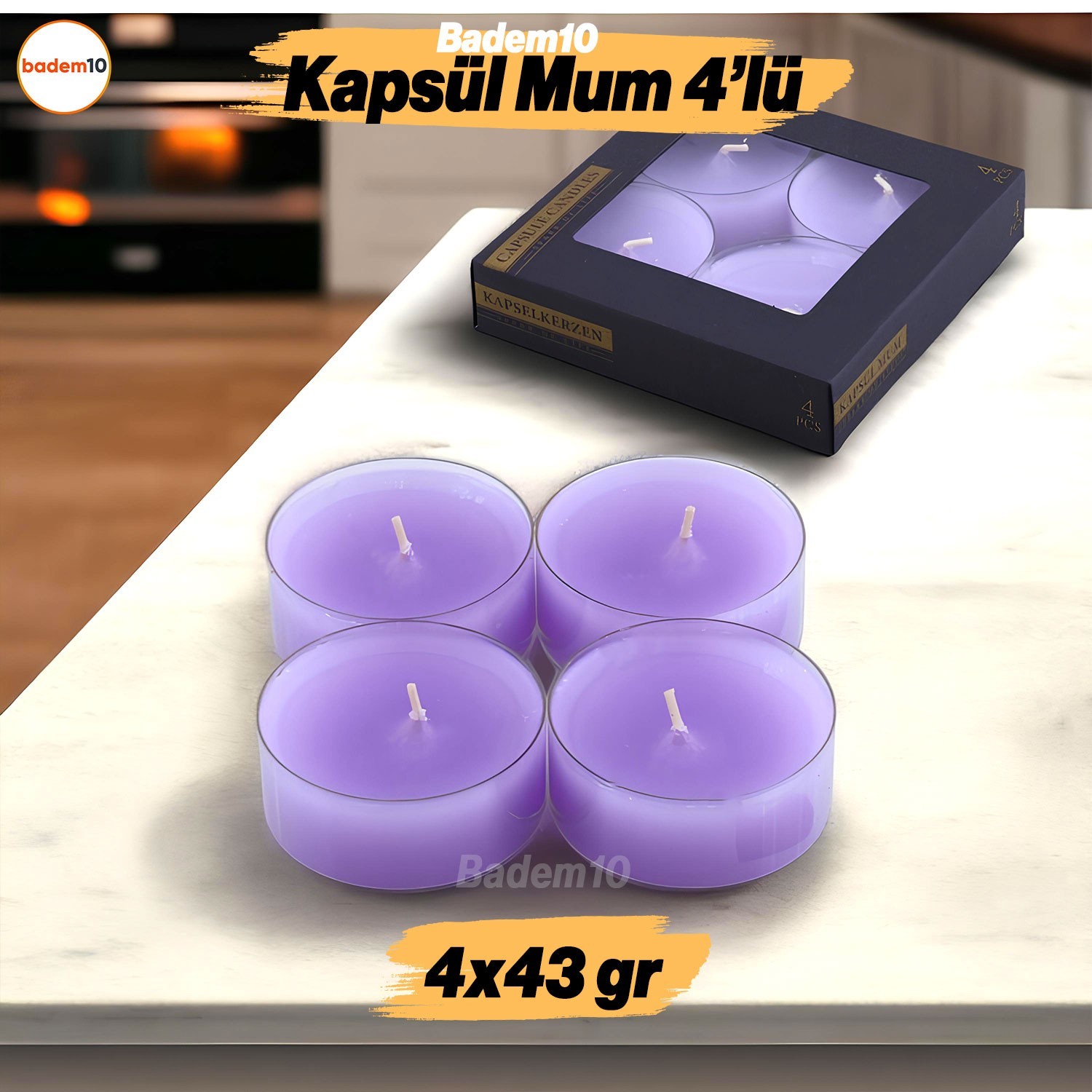 Tealight Kapsül Mum 4x43 Gr Dekoratif Mumu Kandil Hediyelik Fitilli Mumluk Şamdan Mor Renk Kokulu