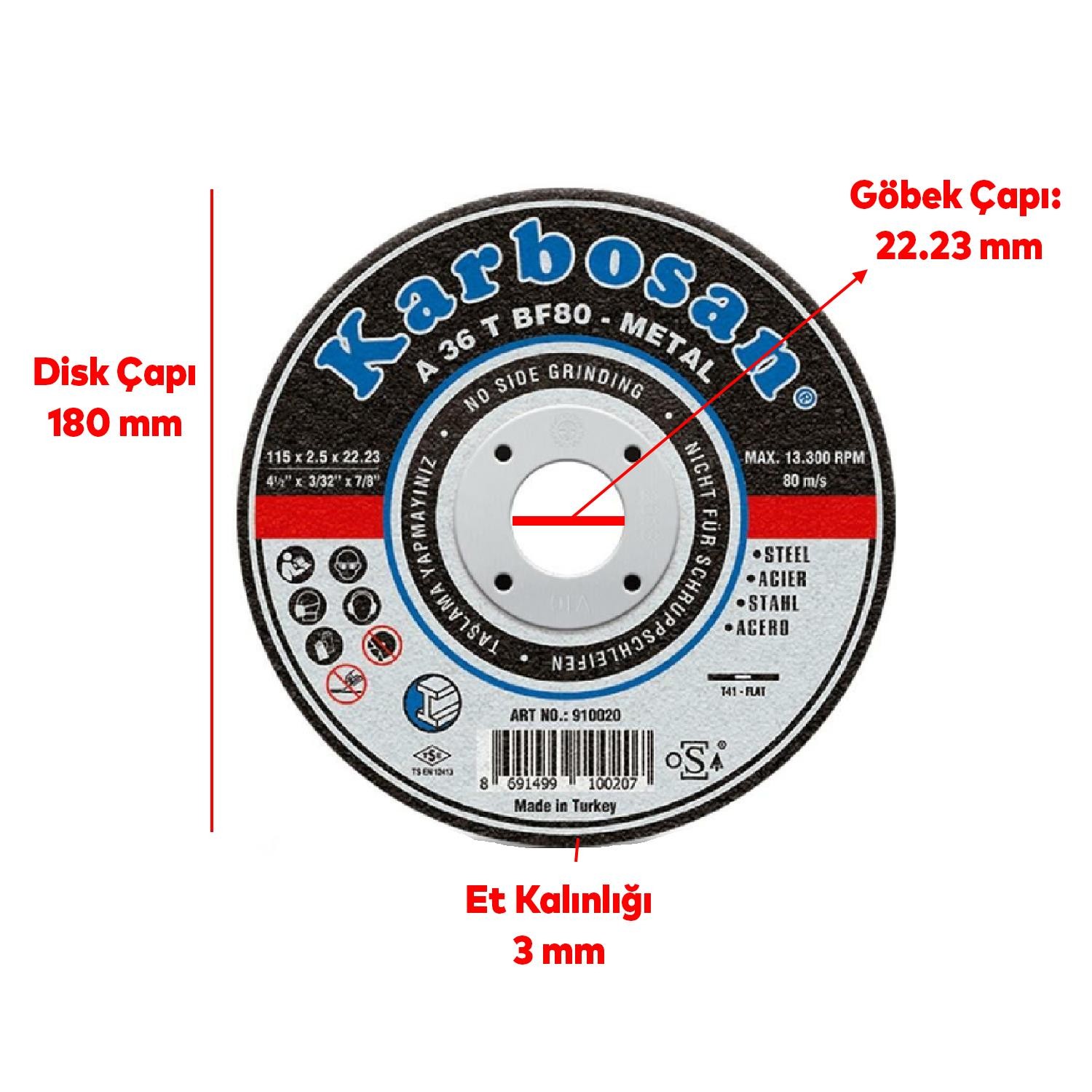 Karbosan Metal Kesici Taş Disk Taşlama Spiral Demir Kesme Diski 180x3.0x22.23 mm