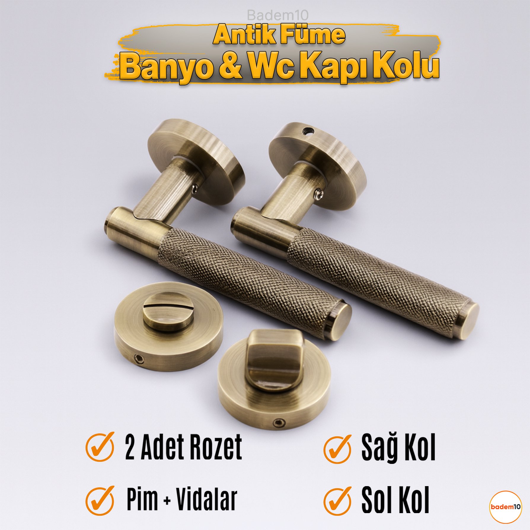 Antik Füme Wc Banyo Tipi Kapı Kolu Rozetli Sağ Sol Uygun Modern İç Kapı Kilitli 1 Takım