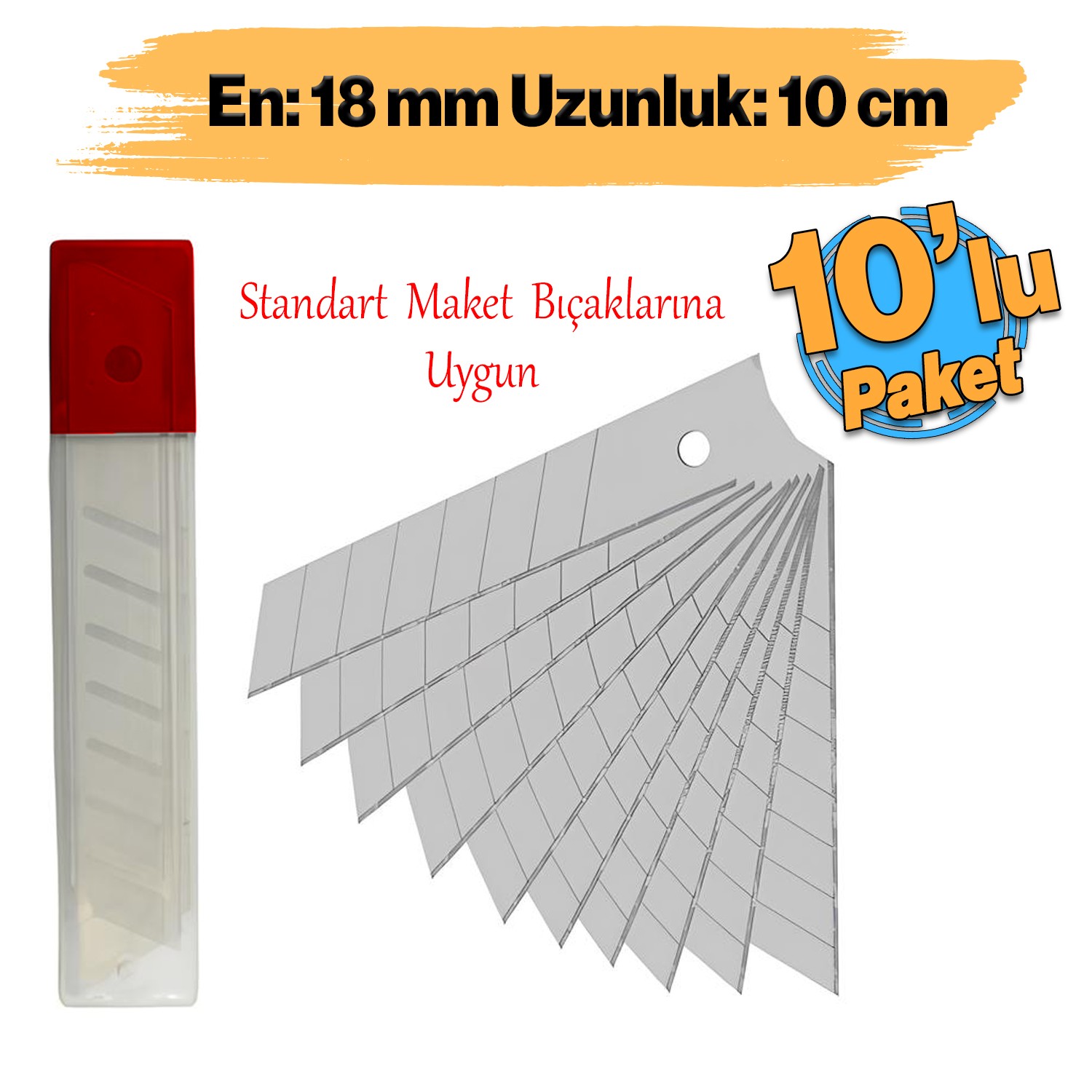 Maket Bıçağı Yedeği 10'lu Paket Ucu Kalınlık 0.50 mm En: 1.8 cm Uzunluk: 10 cm Kırılabilir Yedek Uç