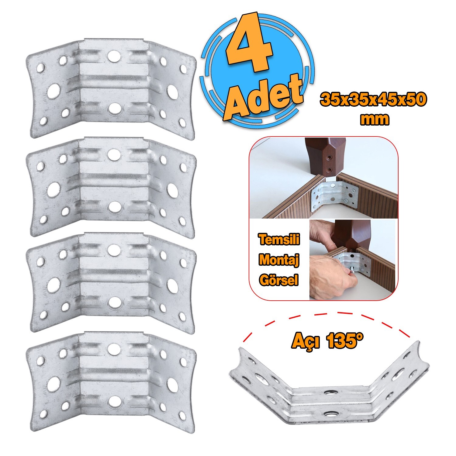 Açılı 135° Köşe Birleştirme Bağlantı Aparatı 4 Adet Mobilya Köşebent Sacı Gönye Metal 35x35x50 mm