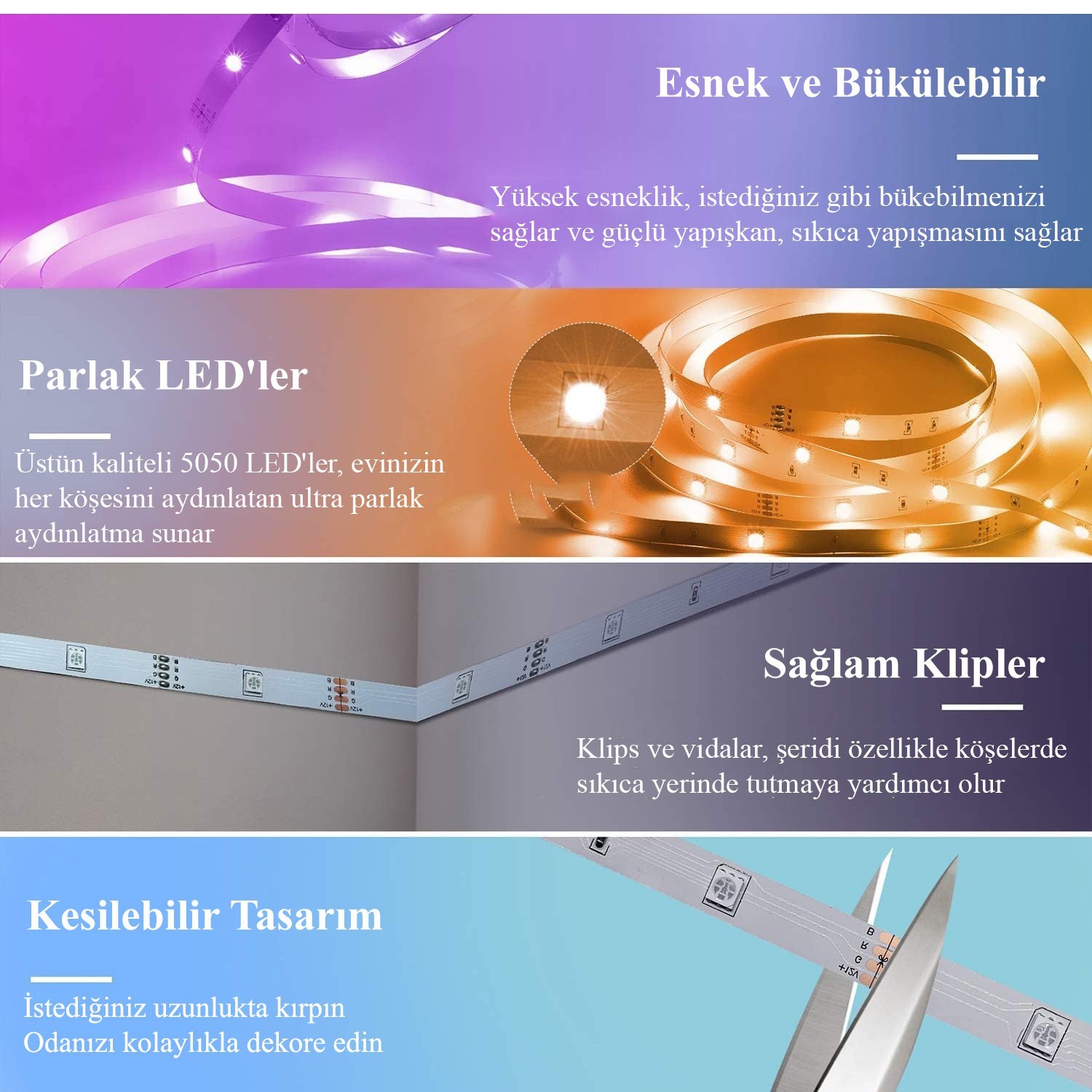 Uzaktan Kumandalı Şerit Led Lamba 5 Metre 20 Fonksiyonlu Işıldak Aydınlatma A Sınıfı 220 V Elektrik