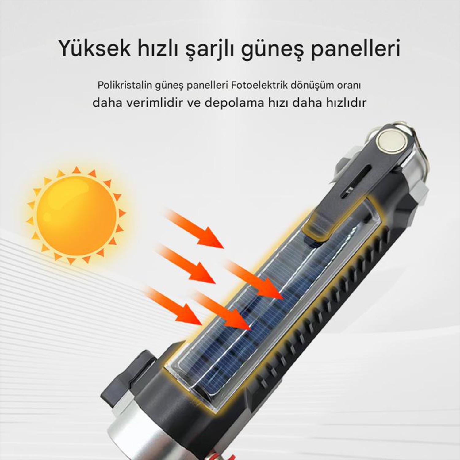 El Feneri Güneş Enerjli Ledli 15W Şarjlı Mıknatıslı Askılı Kamp Taktik El Feneri Su Geçirmez