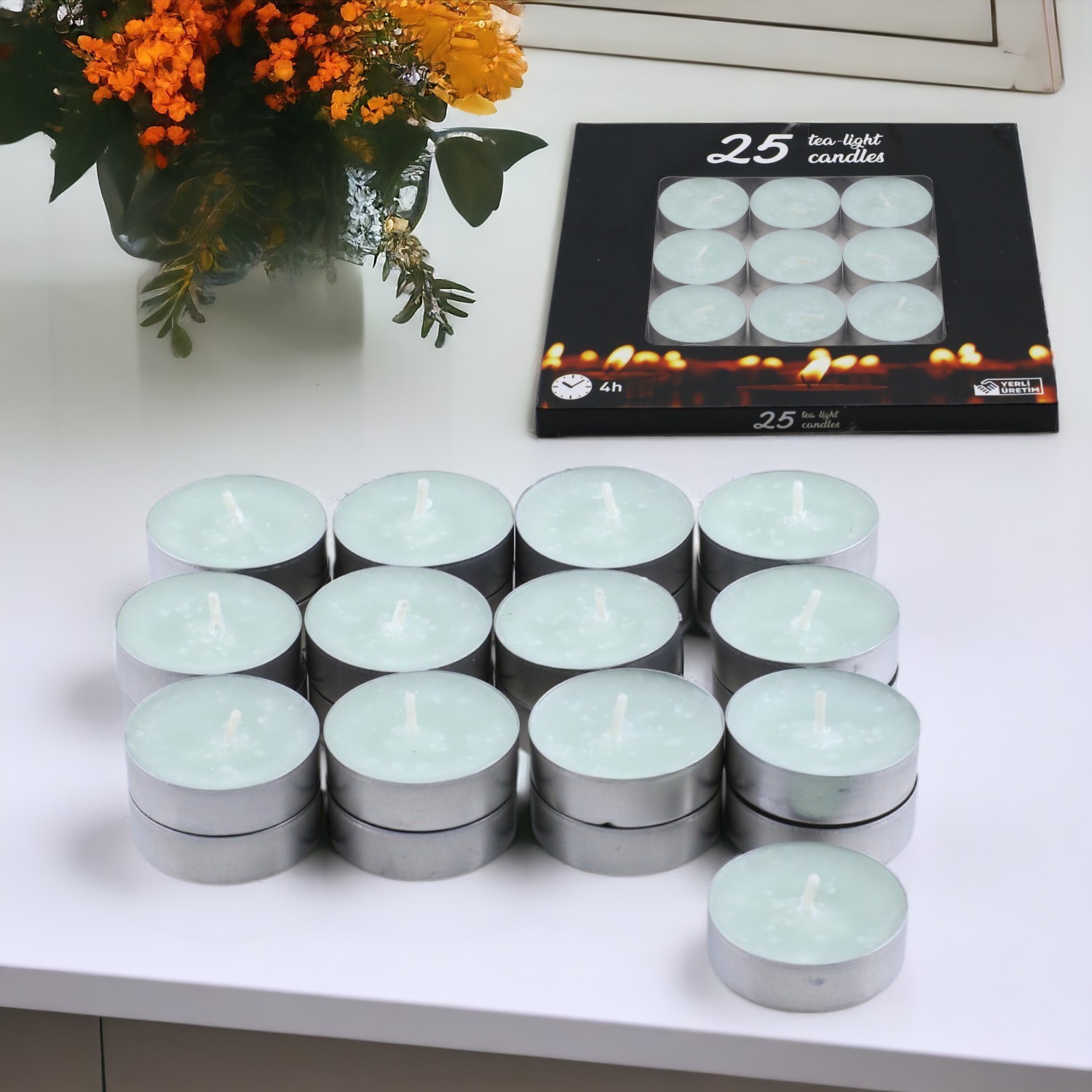 Tealight Mum 25x10 Gr Dekoratif Mumu Kandil Hediyelik Fitilli Mumluk Şamdan Su Mavisi Renk Kokusuz