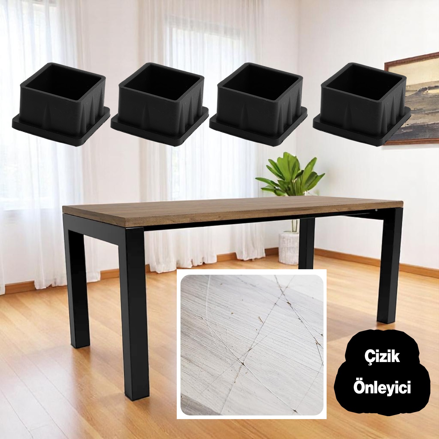 Masa Sandalye Sehpa Ayak Tapası Kare Tıpa Papuç Takoz 40 mm x 40 mm Parke Zemin Koruyucu 4 Adet