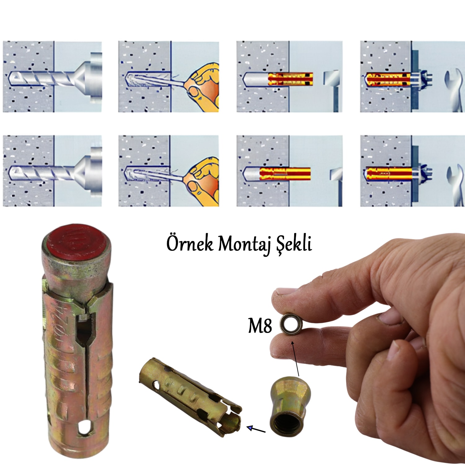 Tapalı Çekme Çelik Dübel M12x45 mm Genleşmeli İç Diş M8 Montaj Bağlantı Aparat 8 Adet