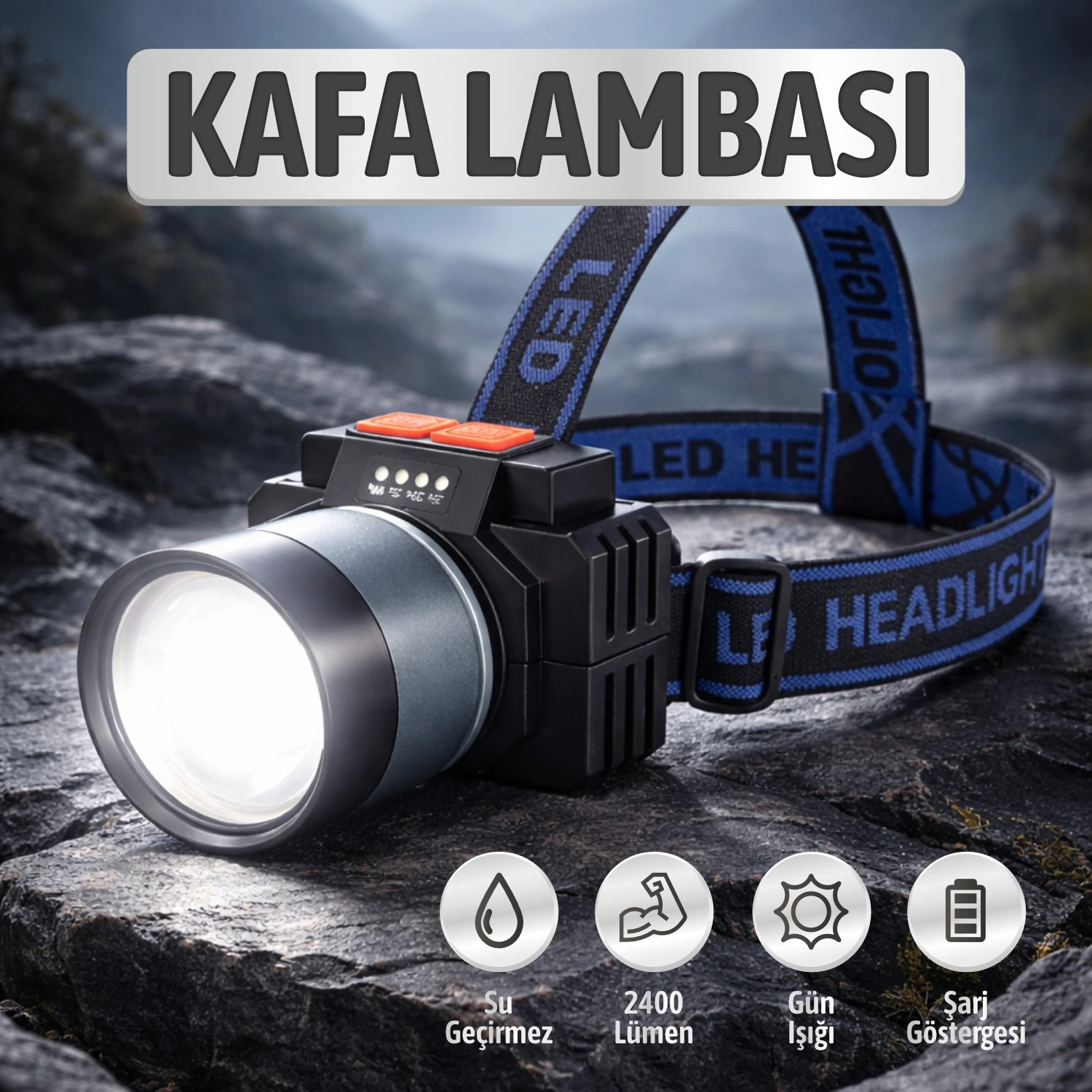 Şarjlı Su Geçirmez Darbeye Dayanıklı Kafa Lambası Kamp Gece