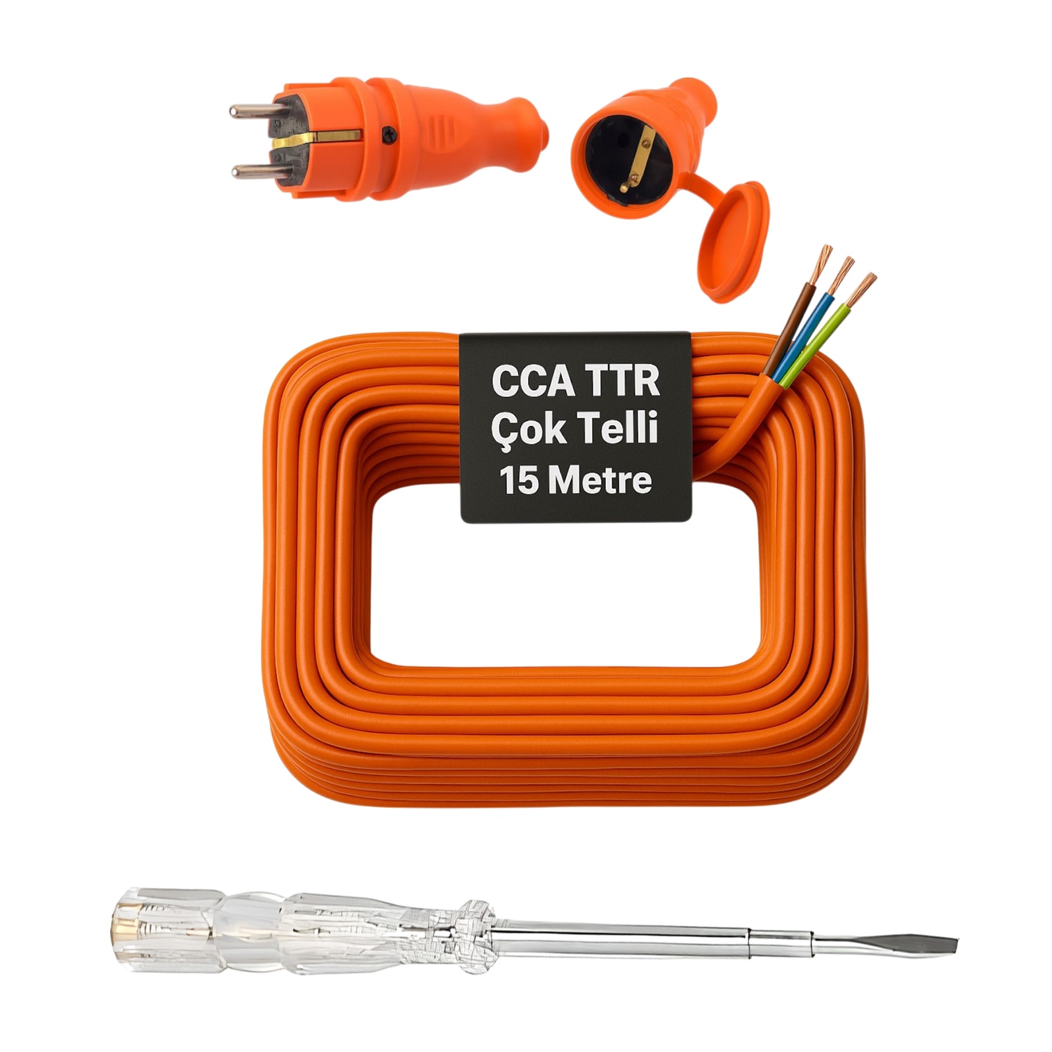 Seyyar 15 Metre Uzatma Kablosu TTR CCA Telli 3x1.5 mm Elektrik Kablo Kontrol Kalem Dişi Erkek Fiş