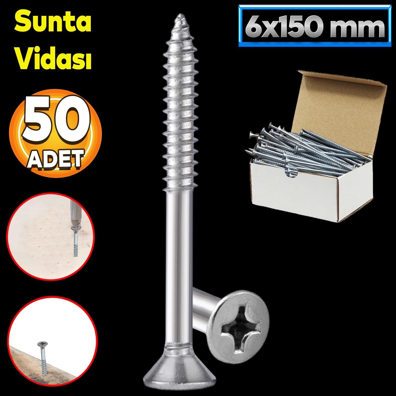 Sunta Vidası 6x150 Mm Paket 50 Adet Sivri Uçlu Ahşap Tahta Ağaç Mobilya Ayak Kulp Vidası