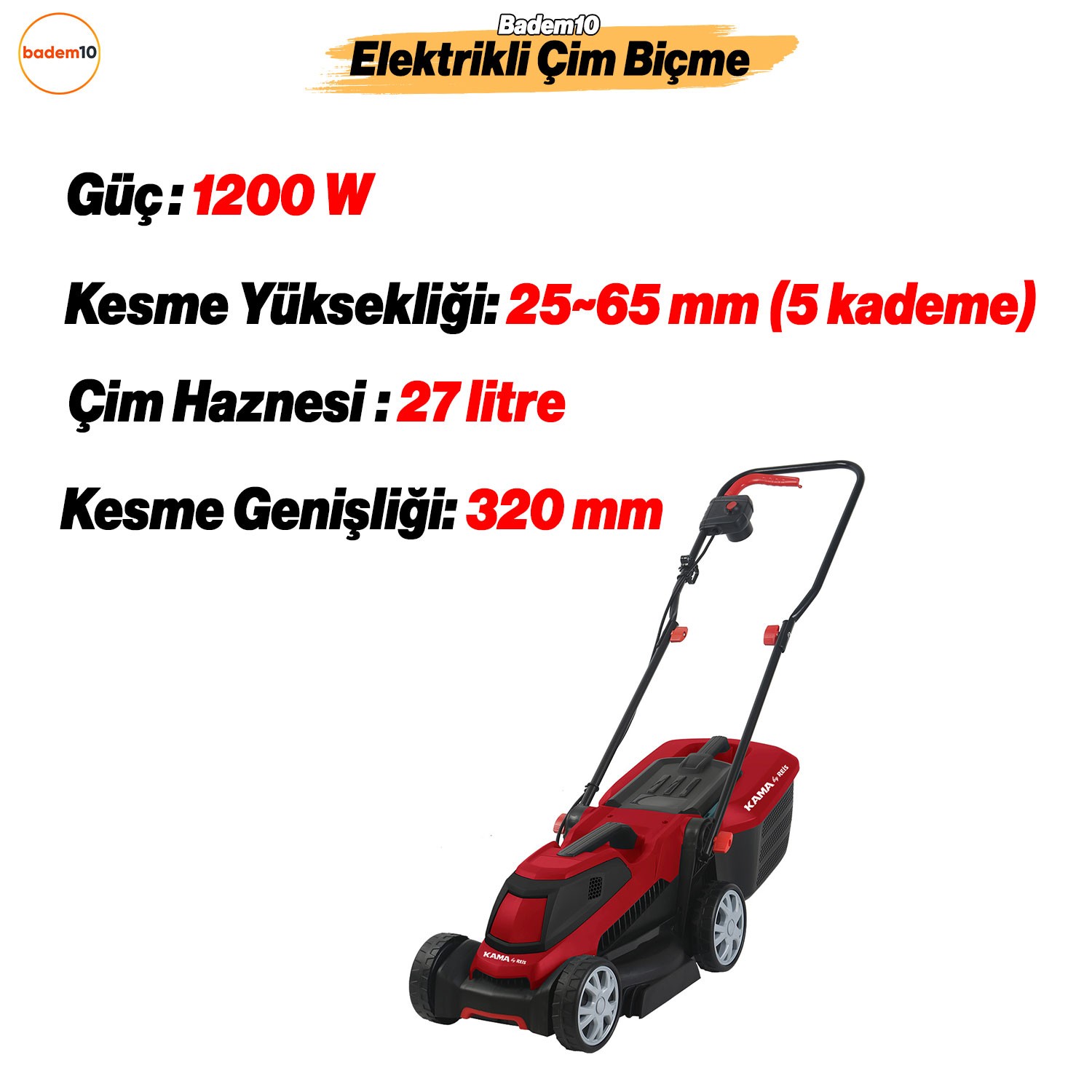 Kama ECBM32 Elektrikli Çim Biçme Makinası Çim Kesme Makinesi 1200 W