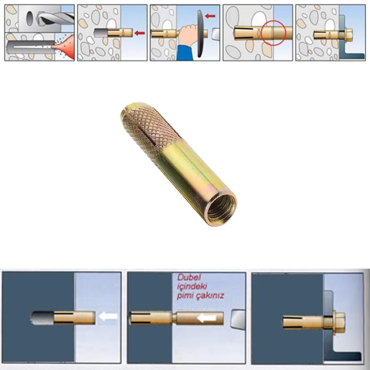 Çakma Çelik Dübel 8 Adet İç Dişli M8x30 mm Raf İskele Montaj Bağlantı Monte Tavan Asma Aparat