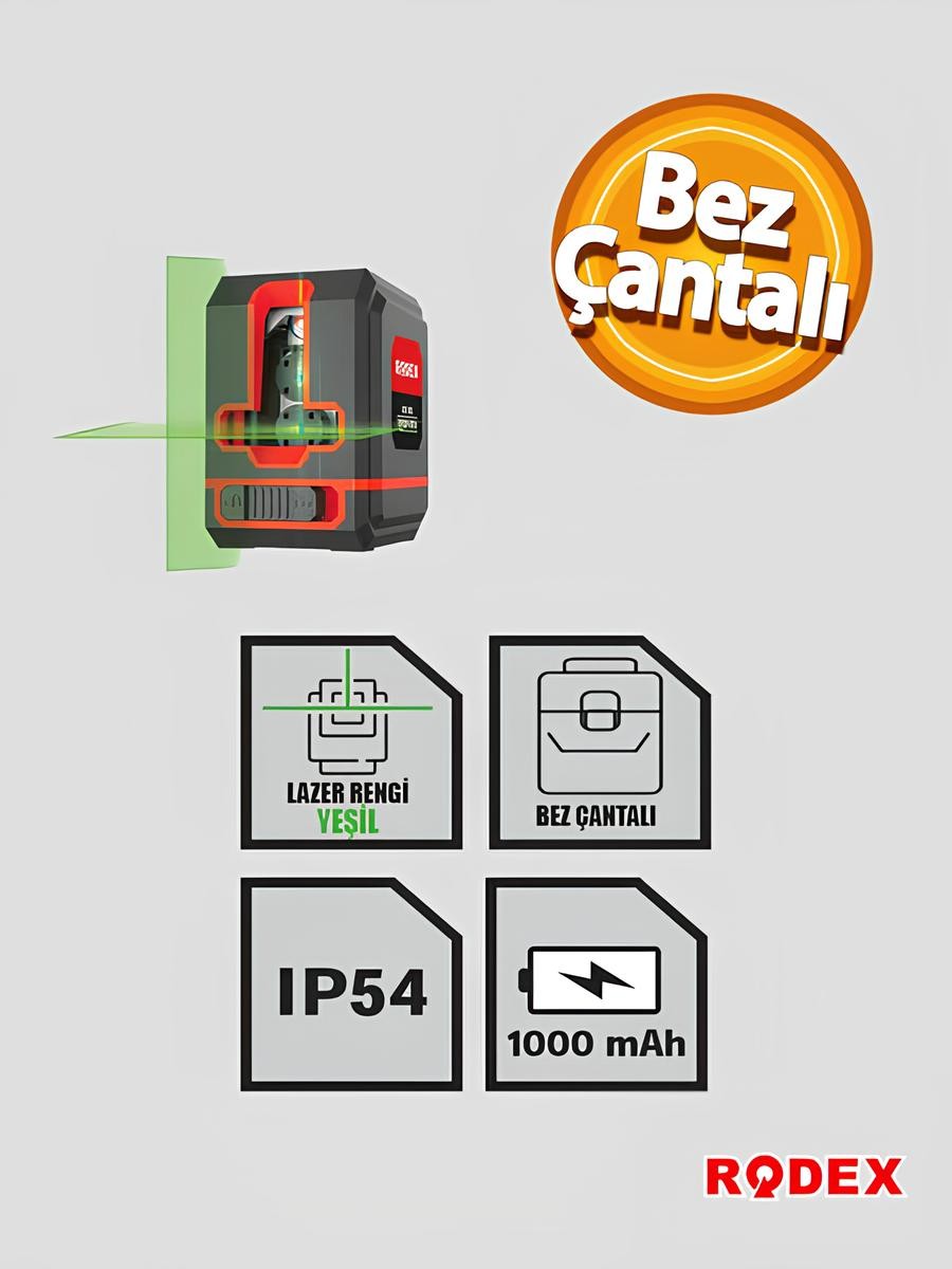 Rodex 2 Çizgili Lazer Terazi Yeşil Çizgi Lazeri Hizalama Tek ve Birlikte Kullanım Çantalı