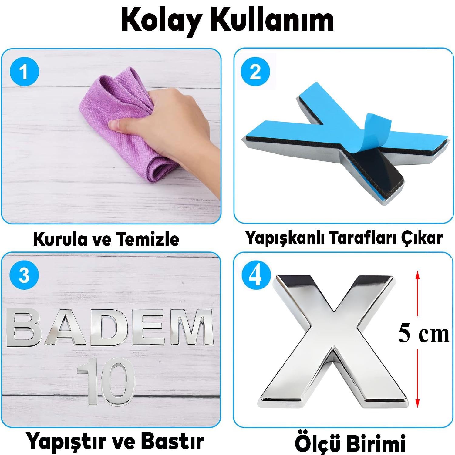 Harf Yapışkanlı X Harfi 5 cm Kapı Oda Posta Kutusu Oto Araç Harfi Yazısı Parlak Krom Gümüş 