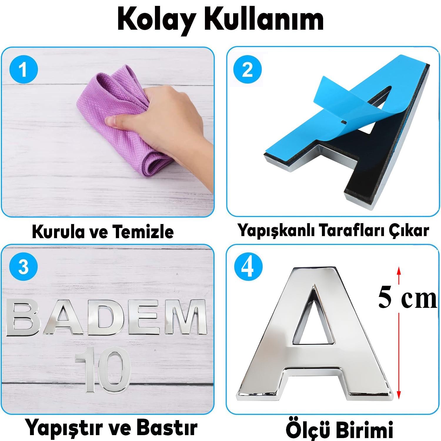 Harf Yapışkanlı A Harfi 5 cm Kapı Oda Posta Kutusu Oto Araç Harfi Yazısı Parlak Krom Gümüş 