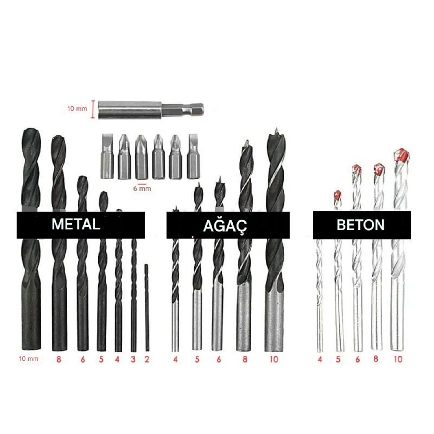 Matkap Ucu Set Duvar Metal Ahşap 17'li Delme 4 Çeşit Dübel 6 Farklı Yıldız Düz Bits Uç Organizer