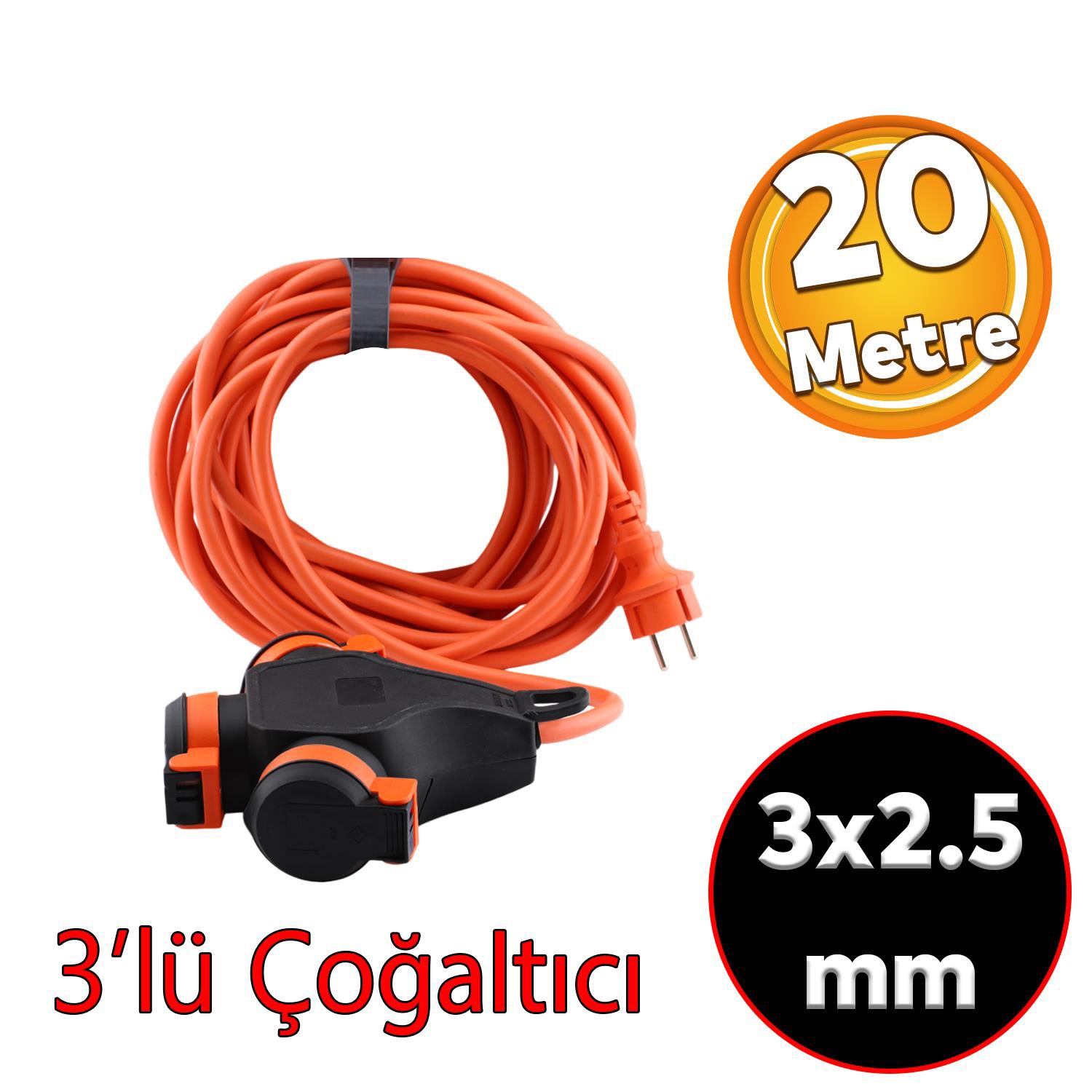 Bylion 3WHS-20325- F Monofaze Çoğaltıcı Seyyar Topraklı 3'lü Grup Priz Fiş 20 Metre CCA Kablo Uzatma Kablosu 3x2.5 mm