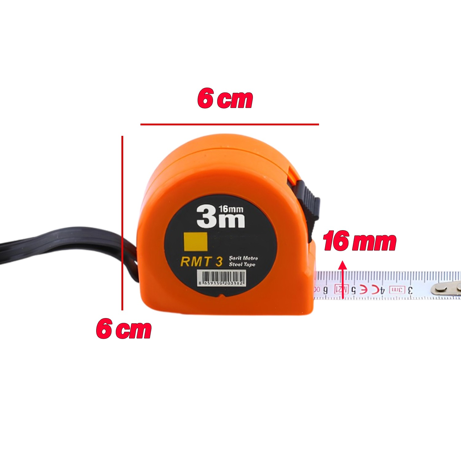 Şerit Metal Bükülebilir Metre 3 m x 16 mm Turuncu Renk Düğmeli Ölçüm Ölçme Plastik Kasalı