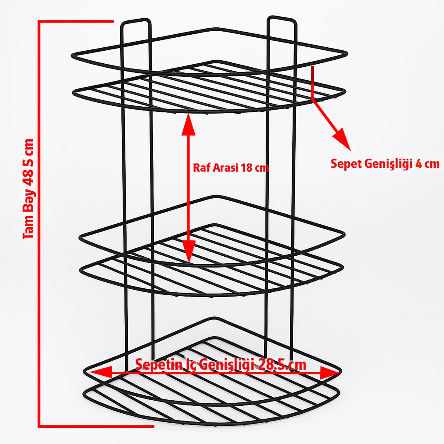Siyah Vidalı 3 Katlı Köşe Şampuanlık Duş Rafı Metal Banyo Organizeri Paslanmaz Şampuan Sabunluk