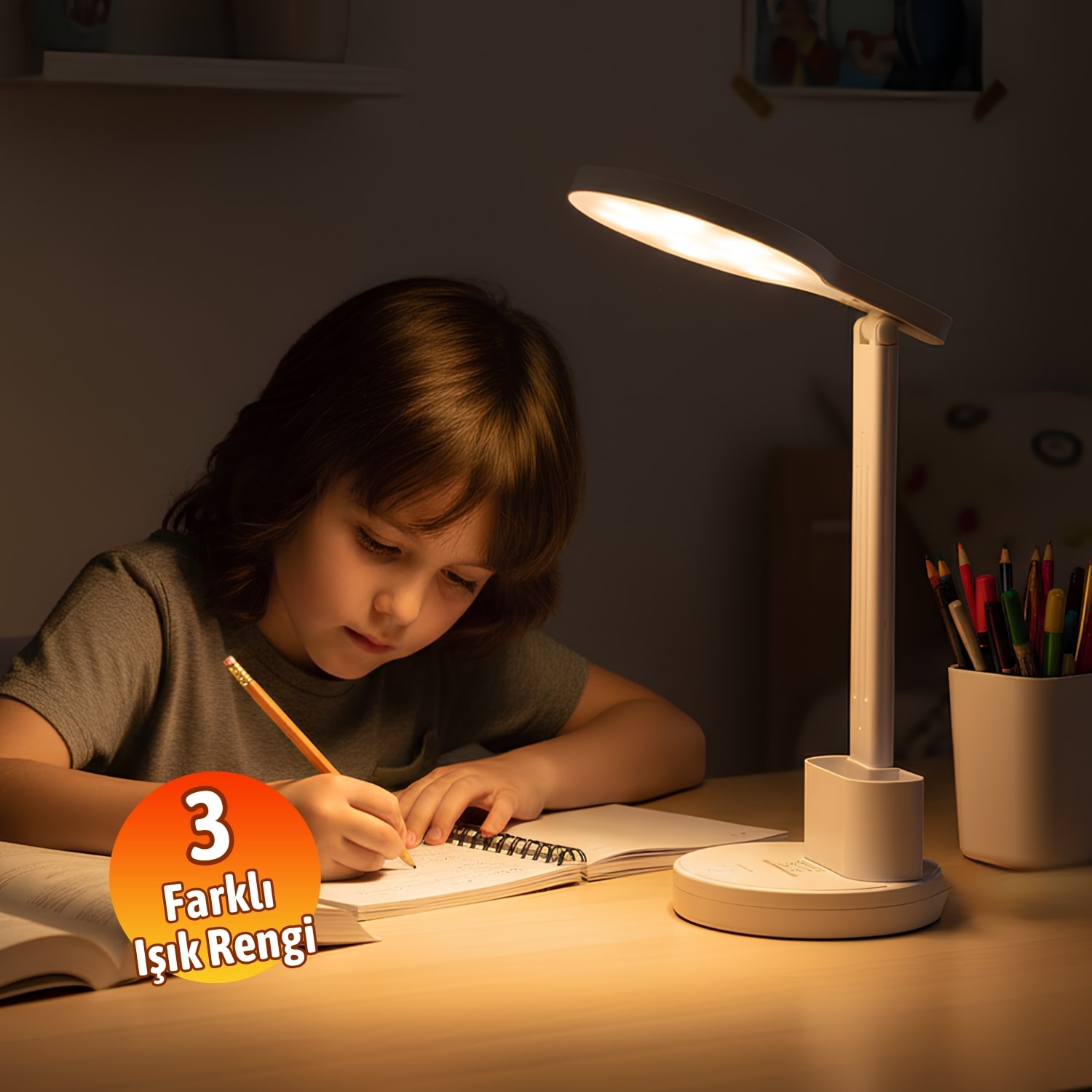 Beyaz Dokunmatik 3 Renkli Kademesiz Karartmalı Type C Şarjlı Masa Lambası Kalemlikli 10W