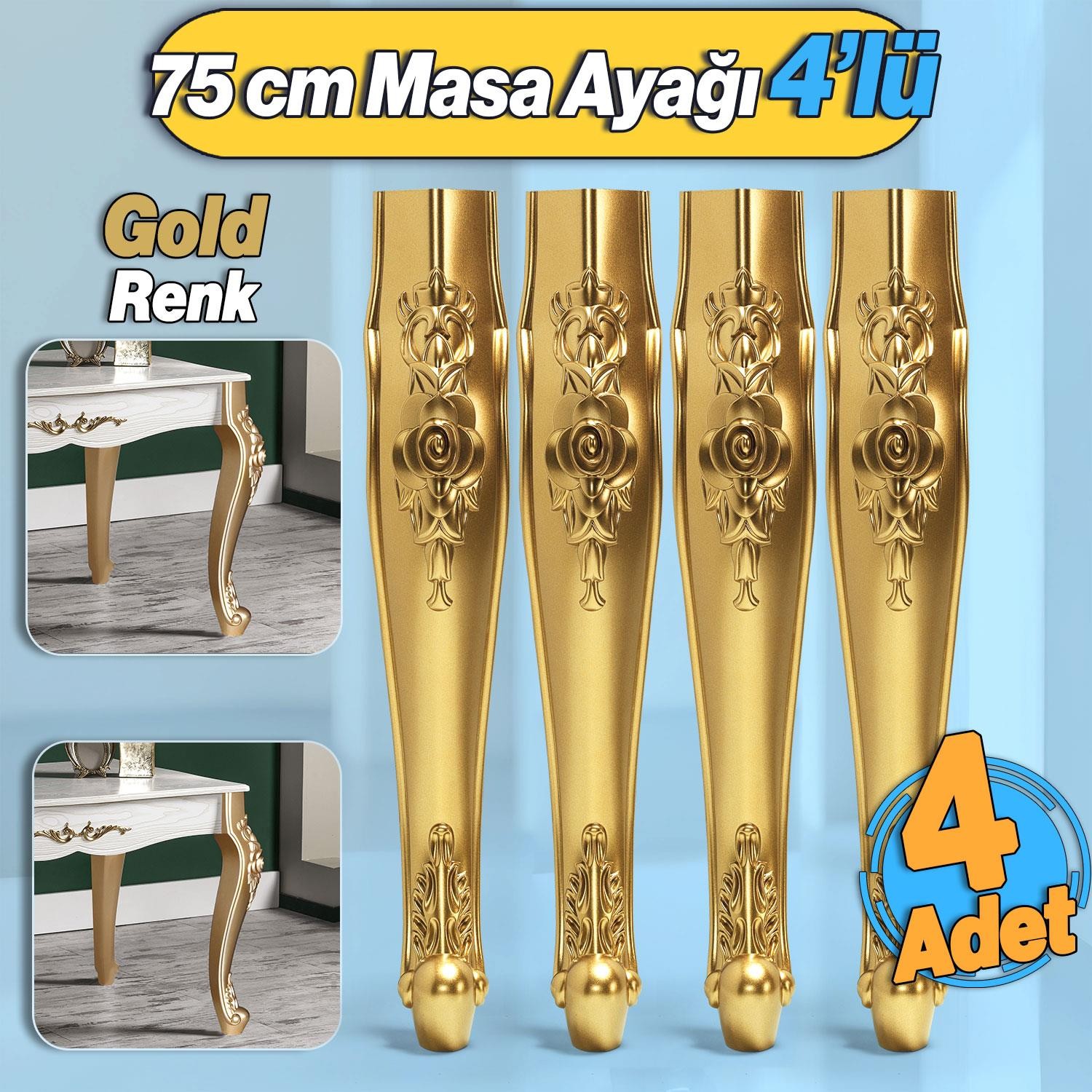 4 Adet Rosa Masa Dresuar Ayağı 75 cm Plastik Gold Altın Mutfak Yemek Masası Mobilya Ayakları Altın