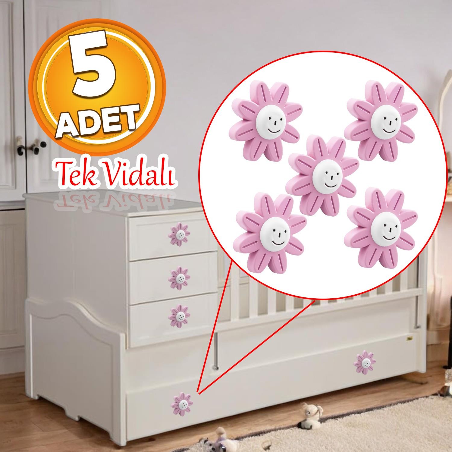 Plastik Papatya Gülücüklü 5 ADET Pembe Renk Mobilya Çoçuk Odası Dolabı Kapak Kulpu Çekmece Kulbu