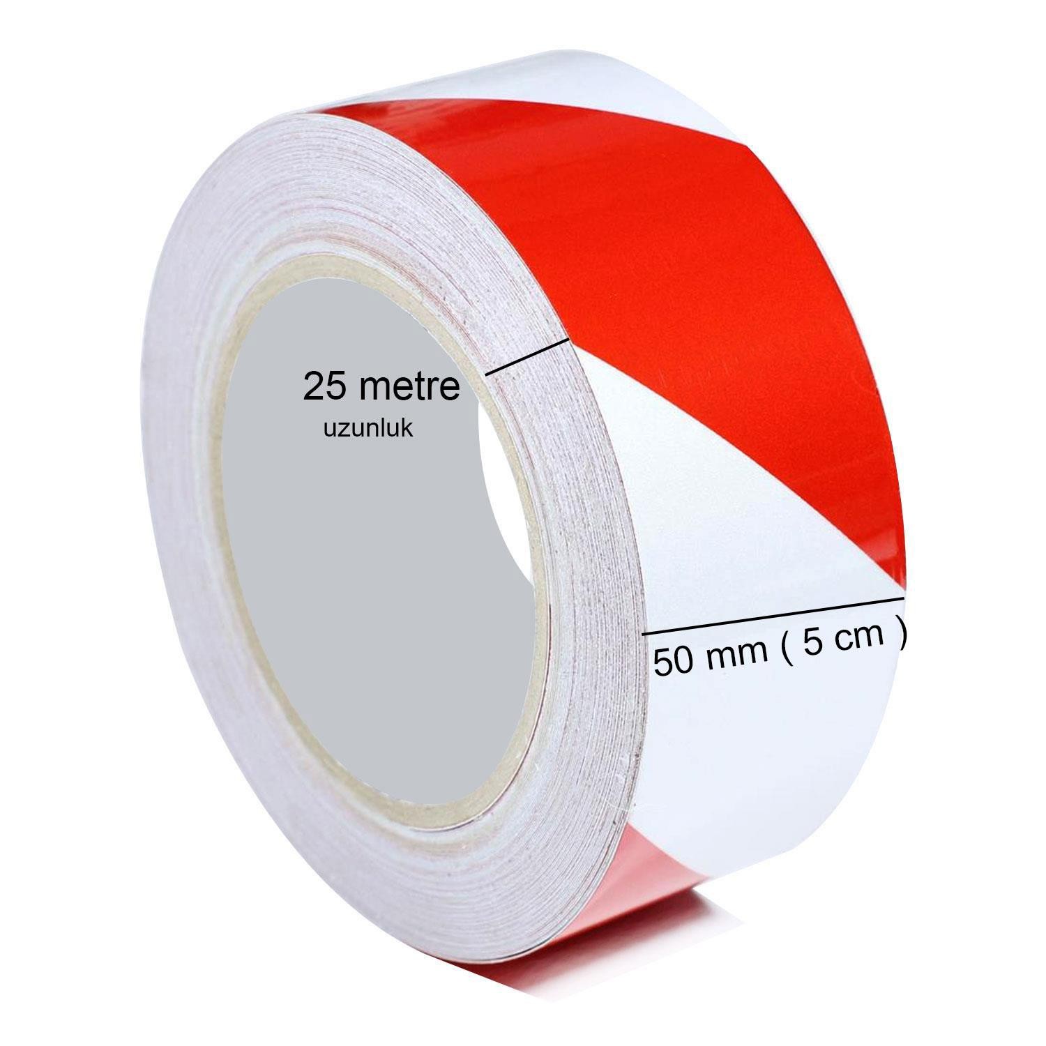 Yer İşaretleme Bandı Kırmızı-Beyaz Pvc Emniyet Zemin İkaz Bant 50 mm x 25 MT
