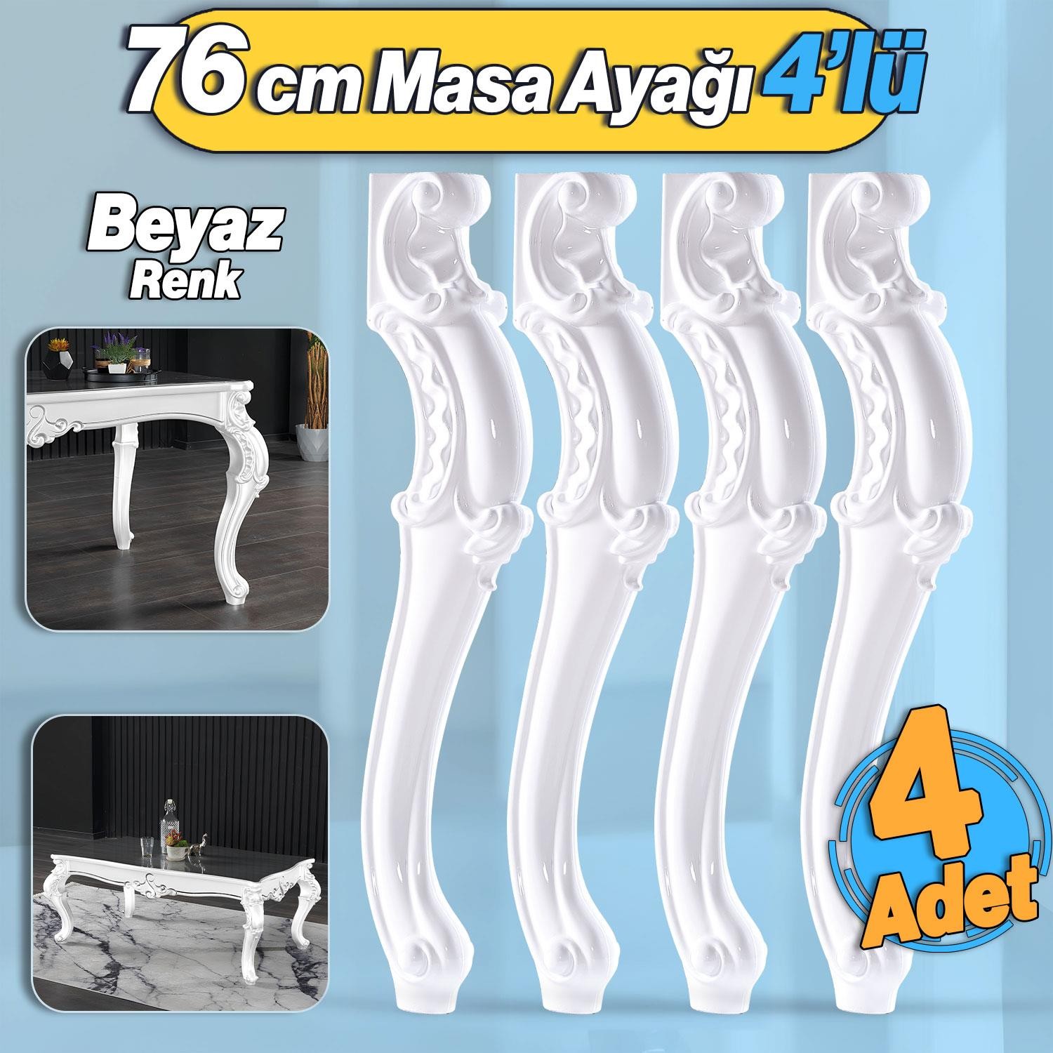 4 Adet Valenta Masa Dresuar Ayağı 76 cm Plastik Beyaz Ayak Mutfak Yemek Masası Mobilya Ayakları