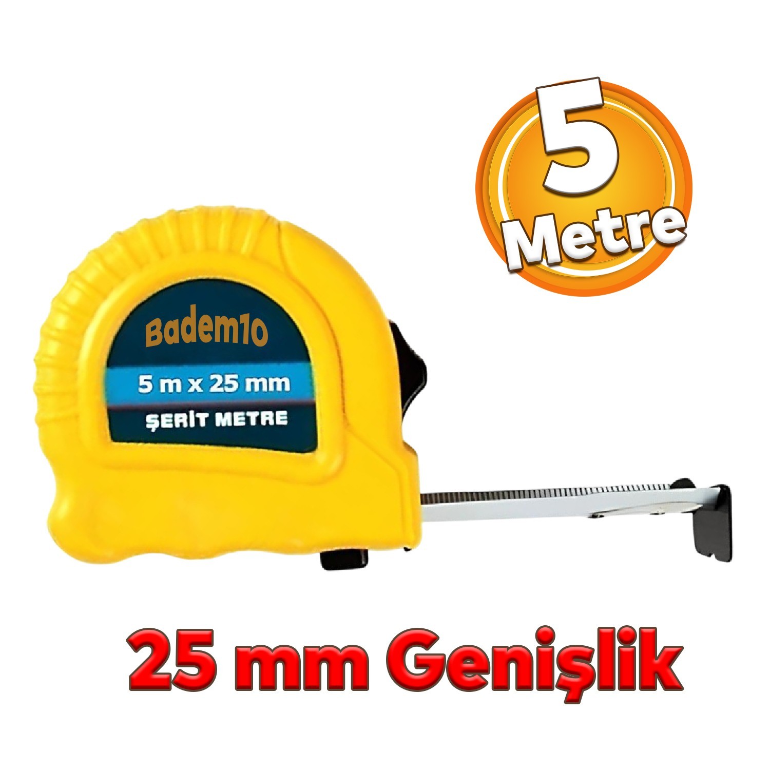 Şerit Metal Bükülebilir Metre 5 metre En 25 mm Düğmeli Ölçüm Ölçme Plastik Kasalı Yüksek Kalite