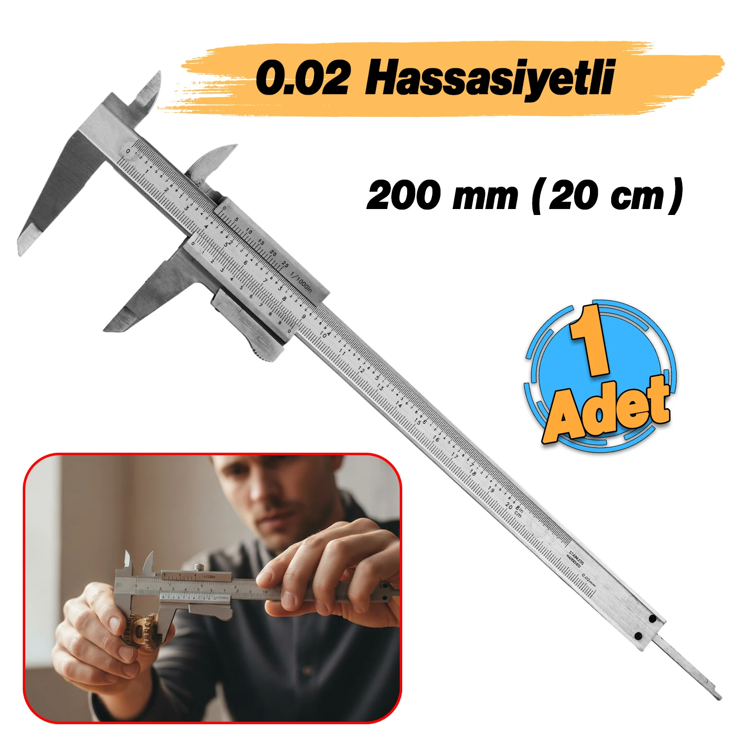 (0.02 Hassasiyet) 200 mm Kilitli Mekanik Kumpas Monoblok Metal Gövde İç Dış Derinlik Ölçüm Aleti