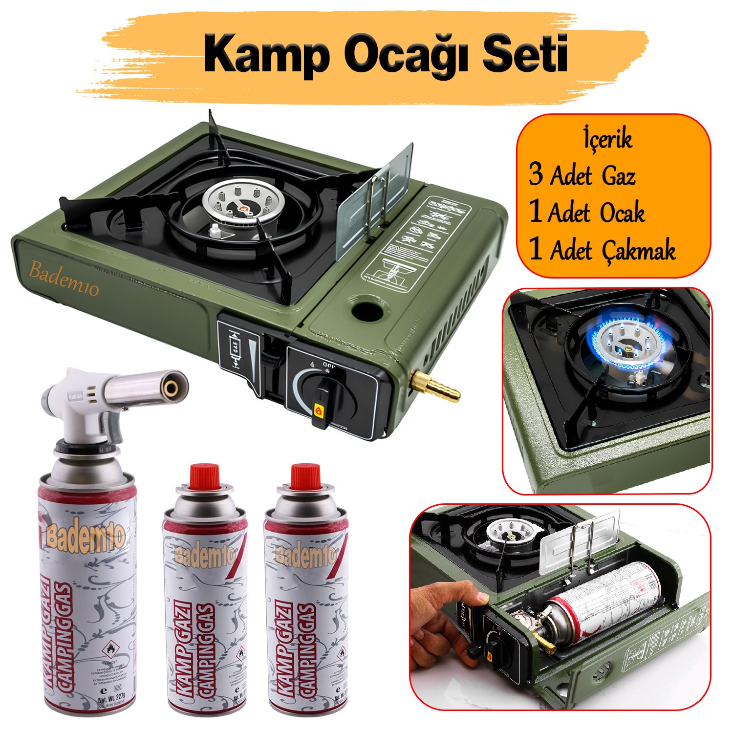 Taşınabilir Portatif Kamp Ocağı Tek Gözlü 3 Adet Gaz Kartuşlu Tüp Uyumlu Bağlantı Gezi Piknik Ocak
