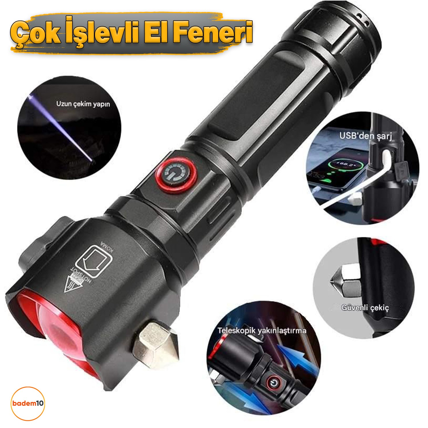 Şarjlı El Feneri | Yüksek Güçlü LED Işık | USB ile Şarj Edilebilir | Su Geçirmez Metal Gövde | Zoom Özellikli