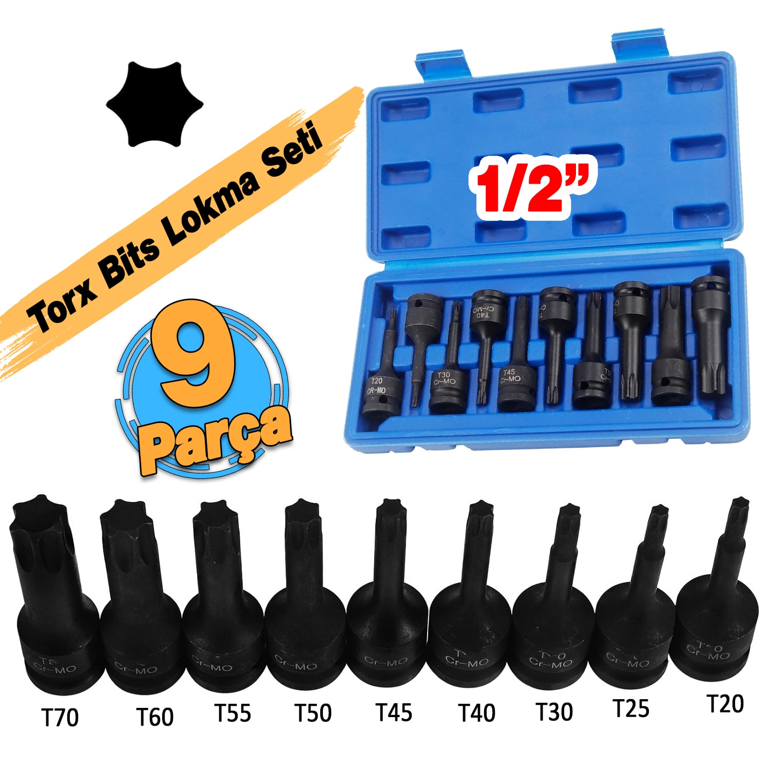 1/2" Torx Bits Lokma Seti 9 Parça T20 T25 T30 T40 T45 T50 T55 T60 T70 CR-MO Uzunluk:78 mm Tork