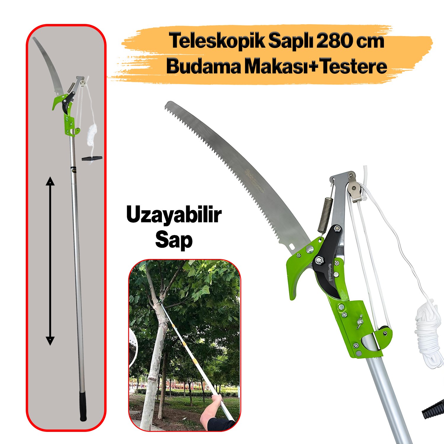Ayarlanabilir 280 cm Teleskopik Alüminyum Saplı Yüksek Yerlerde Ağaç Dal Kesme Budama Makası Testere