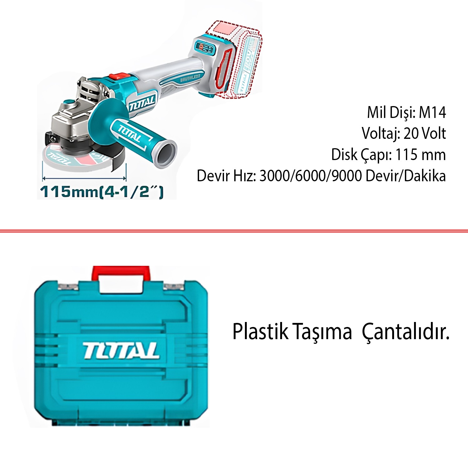 Total 3'lü Set 20 V 5.0 Ah Batarya Avuç Taşlama Vidalama Darbeli Kırıcı Delici Matkap