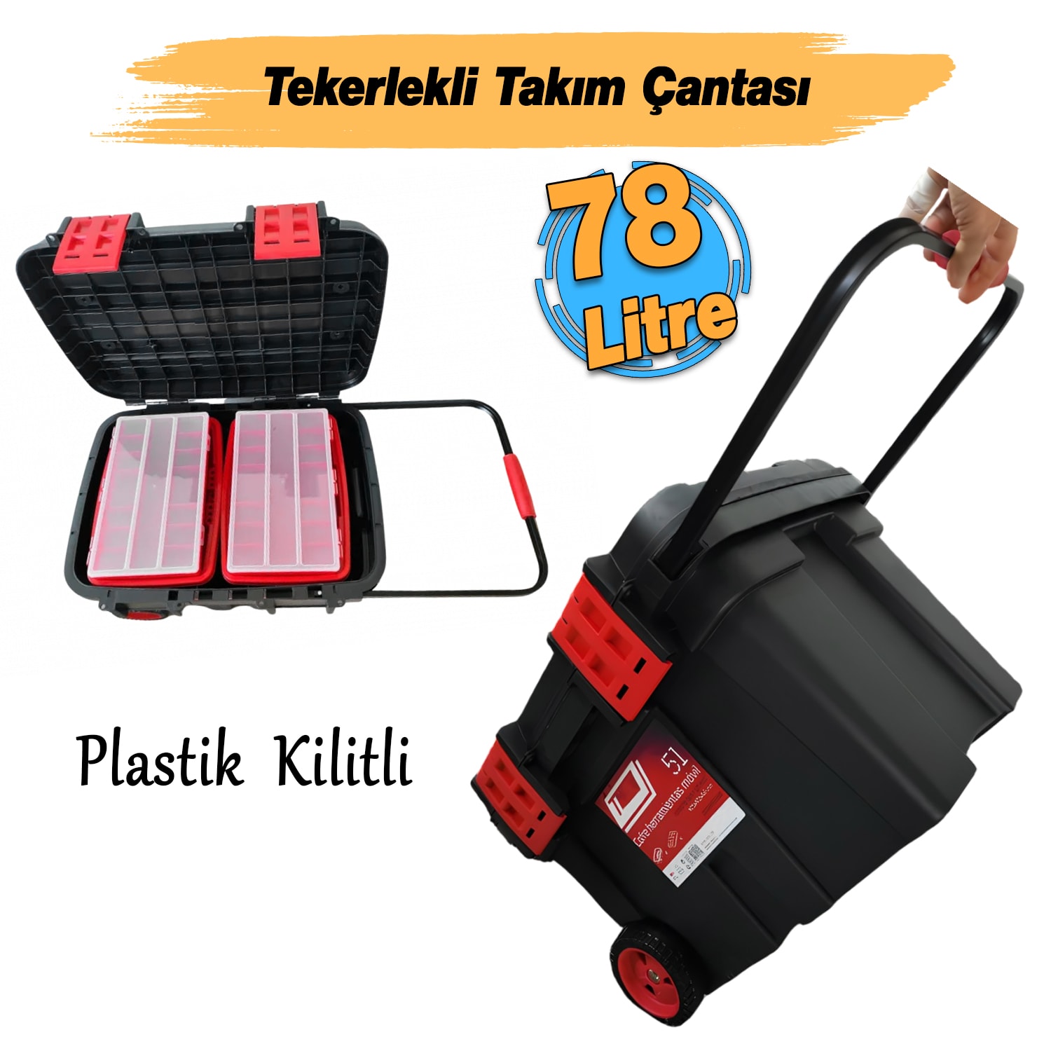 Tekerlekli Taşınabilir 78 Litre Organizer Bölmeli Taşınabilir Kulplu Takım Çantası Alet Çanta