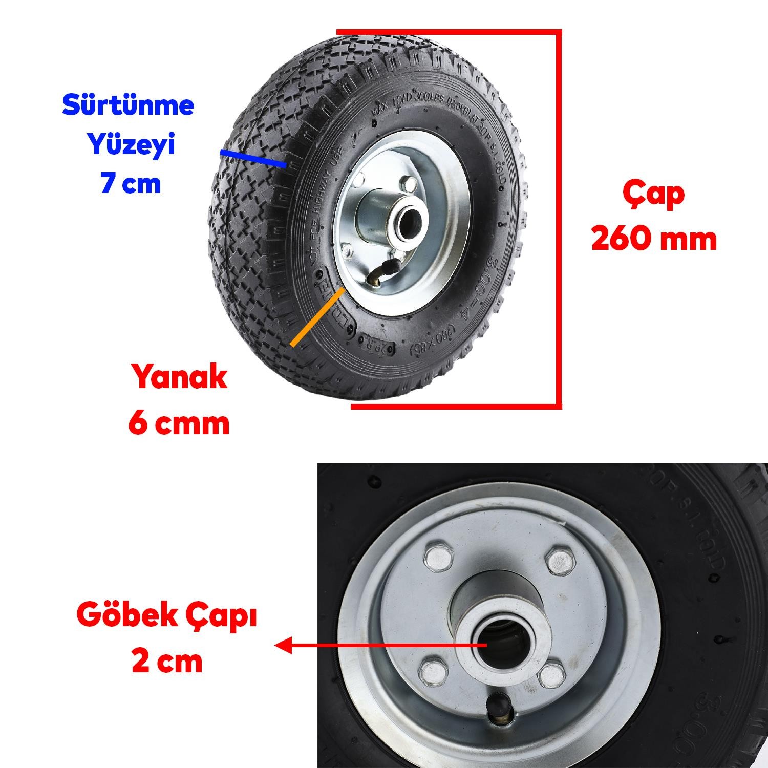 El Arabası Yük Taşıma Tekeri Siboplu Bilyeli Rulmanlı Havalı Dublex 260x80 mm Çelik Jant Tekerlek