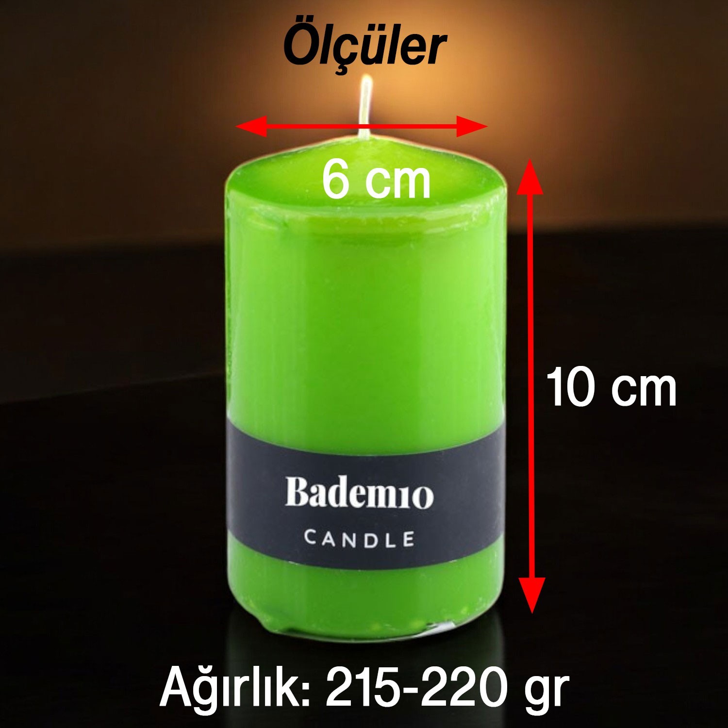 Baton Mum Yeşil Silindir Dekoratif Mumu Kandil Hediyelik Fitilli Mumlar Şamdan Kokusuz 6 x 10 cm