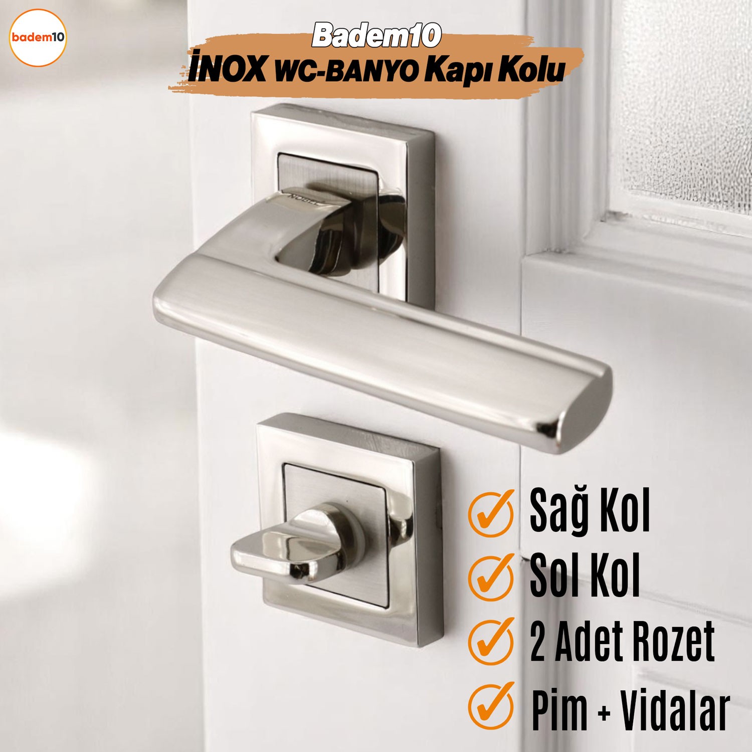 Ultra WC - BANYO Kapı Kolu İnox Kare Rozetli Sağ Sol Uygun Ev Kapısı Kolları Kilitlenebilir 1 Takım