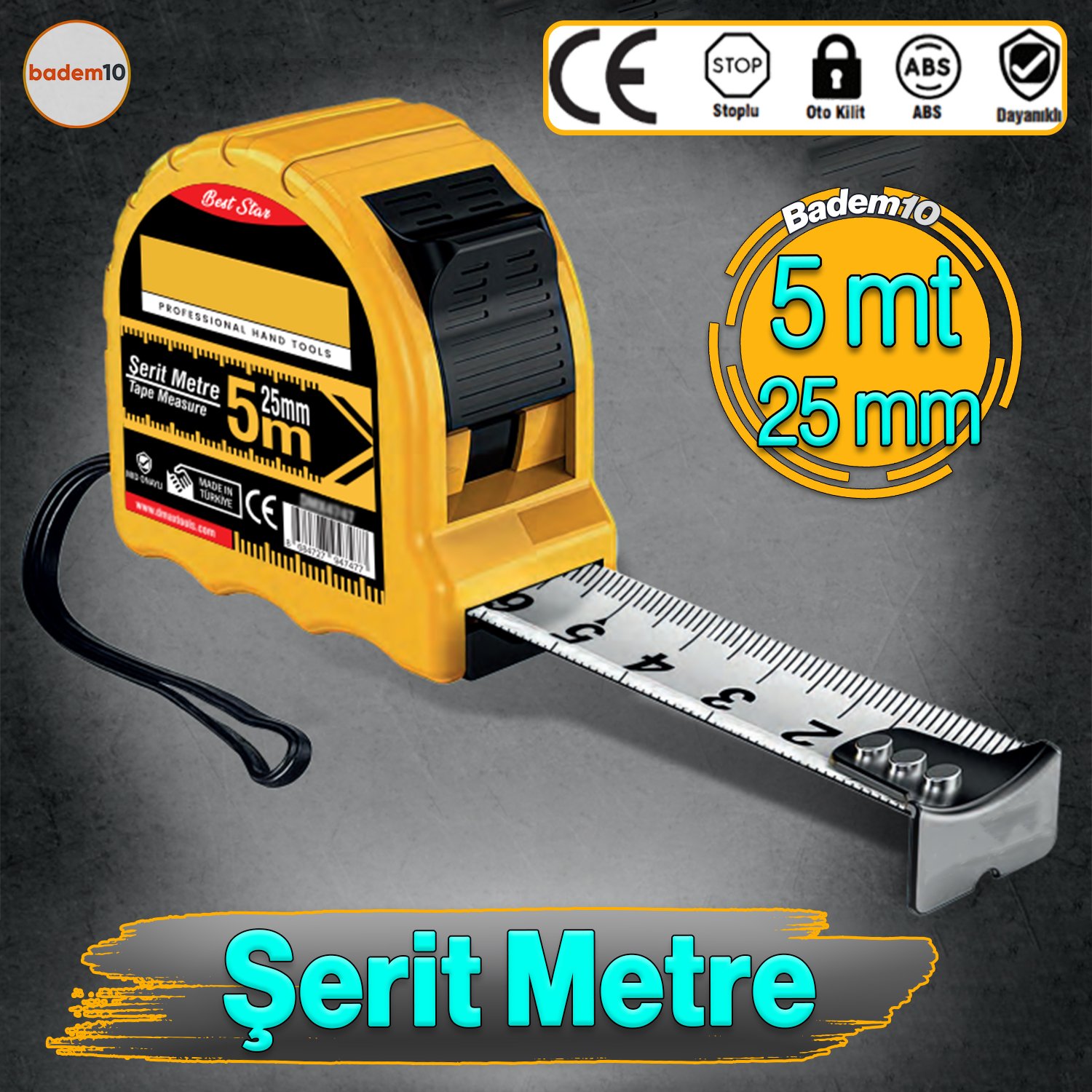 Şantiye Şerit Metre Darbeye Dayanıklı Kilitli 5 Metre x 25 mm Oto Kilitli Mezura Ölçüm Aleti