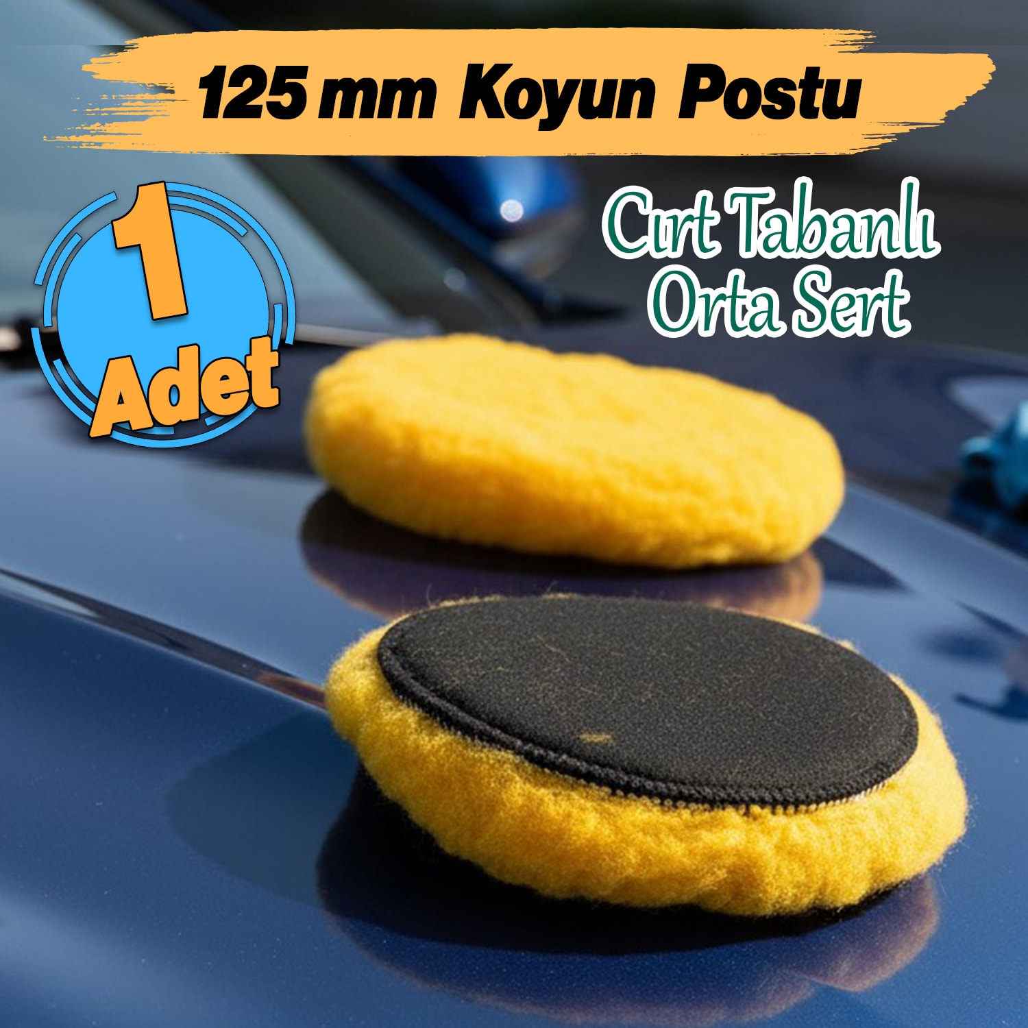 Sarı Renk (1 Adet) Orta Sert Koyun Kuzu Postu Pedi Ø 125 mm Pasta Cila Polisaj Cırt Tabanlı Yün