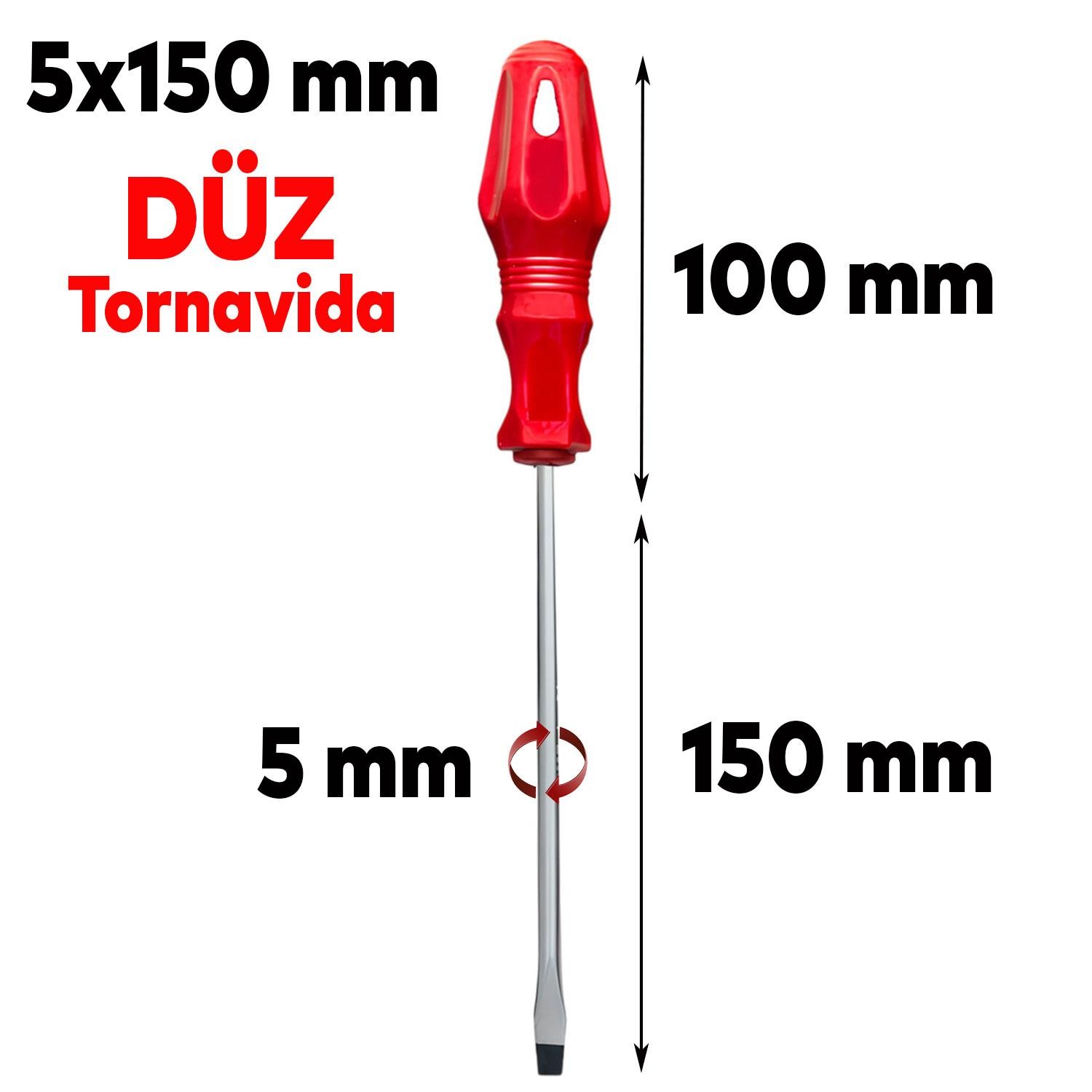 Tornavida Düz Tornavida Kırmızı Plastik Sap 5x150 mm