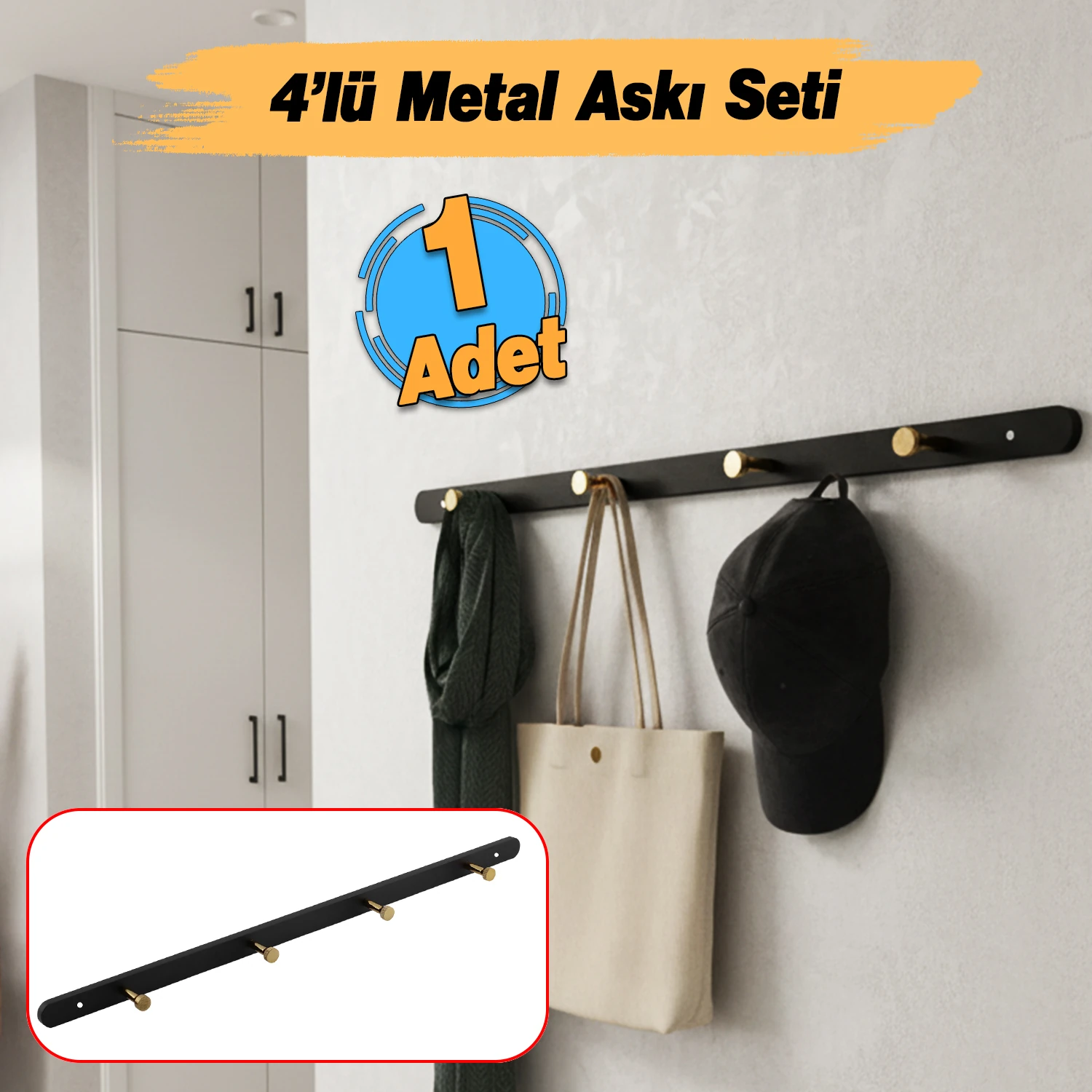 Metal Siyah Gold 4'lü Birleşik Portmanto Vestiyer Anahtarlık Askısı Duvar Monteli Vidalı Elbise Asma