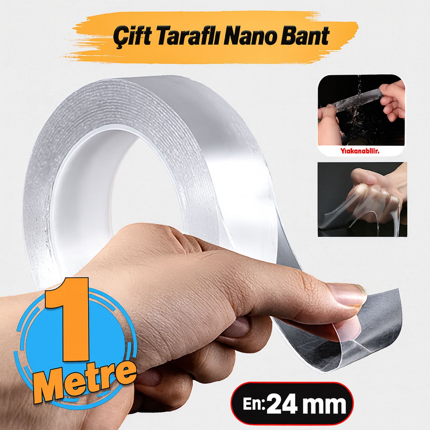 Güçlü Yapışkan Şeffaf Çift Taraflı Nano Silikon Bant 24 mm x 1 m Dayanıklı Kolay Yıkanabilir