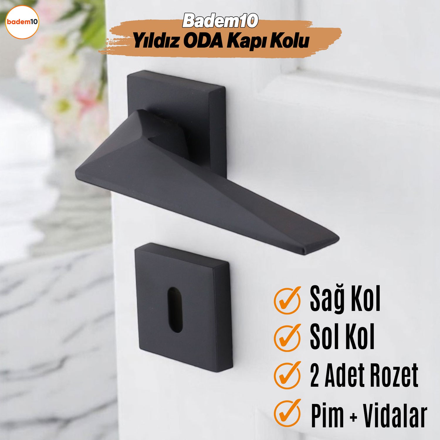 Yıldız Oda Kapı Kolu Siyah Kare Rozetli Sağa Sola Uygun İç Ev Kapısı Kolları Kilitlenebilir 1 Takım