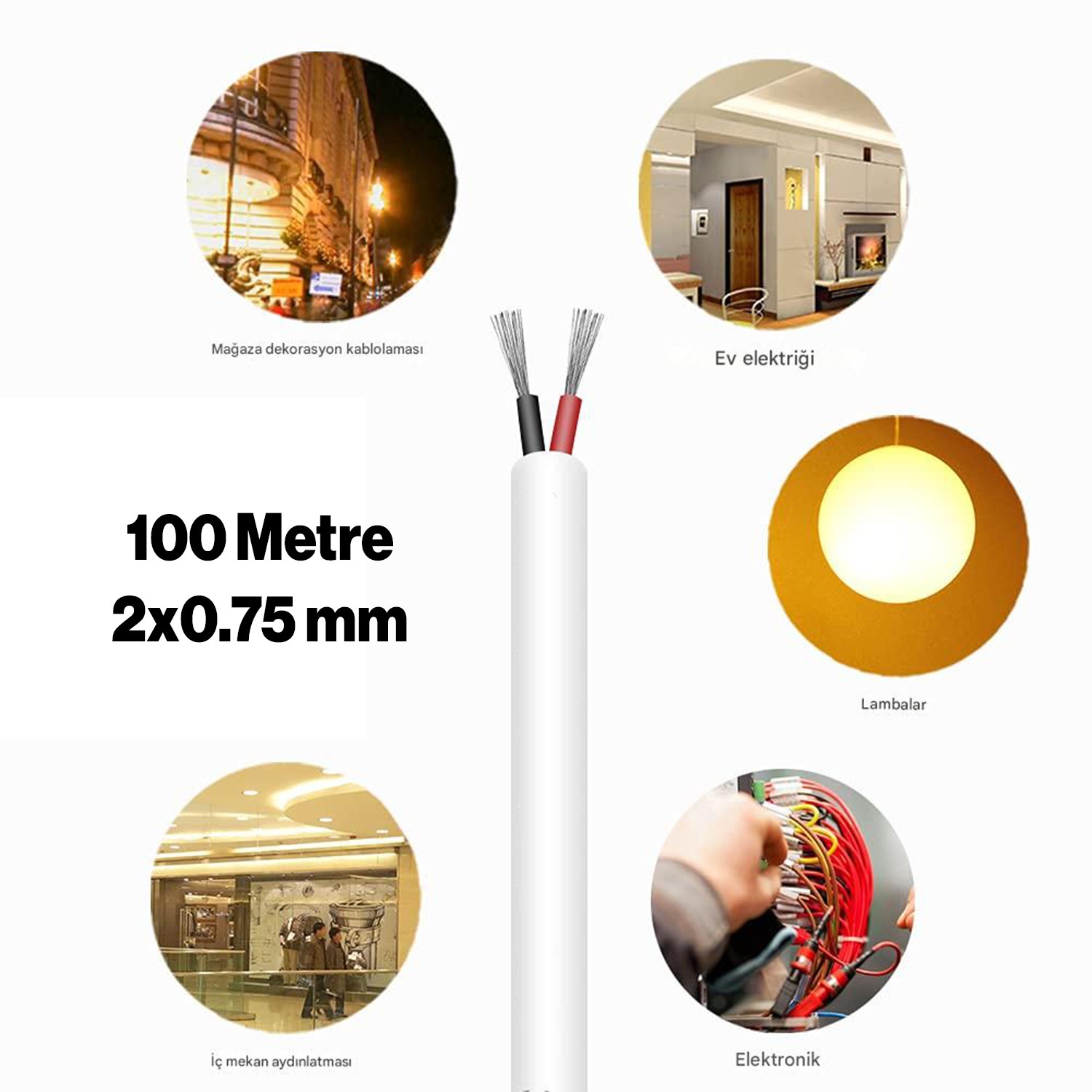 TTR CCA Çok Telli Elektrik Kablosu Bakır İletken Damarlı Beyaz Kablo 2x0.75 mm 100 Metre