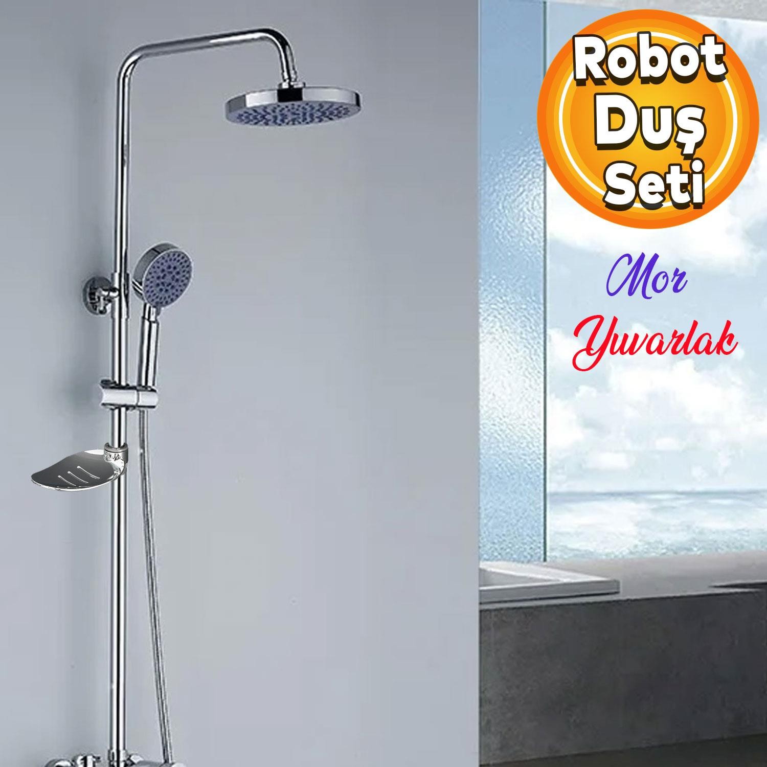 Robot Tepe Duş Seti Takımı Shower Yağmurlama Yuvarlak Banyo Masaj Duş Başlığı Sistemi Mor Krom
