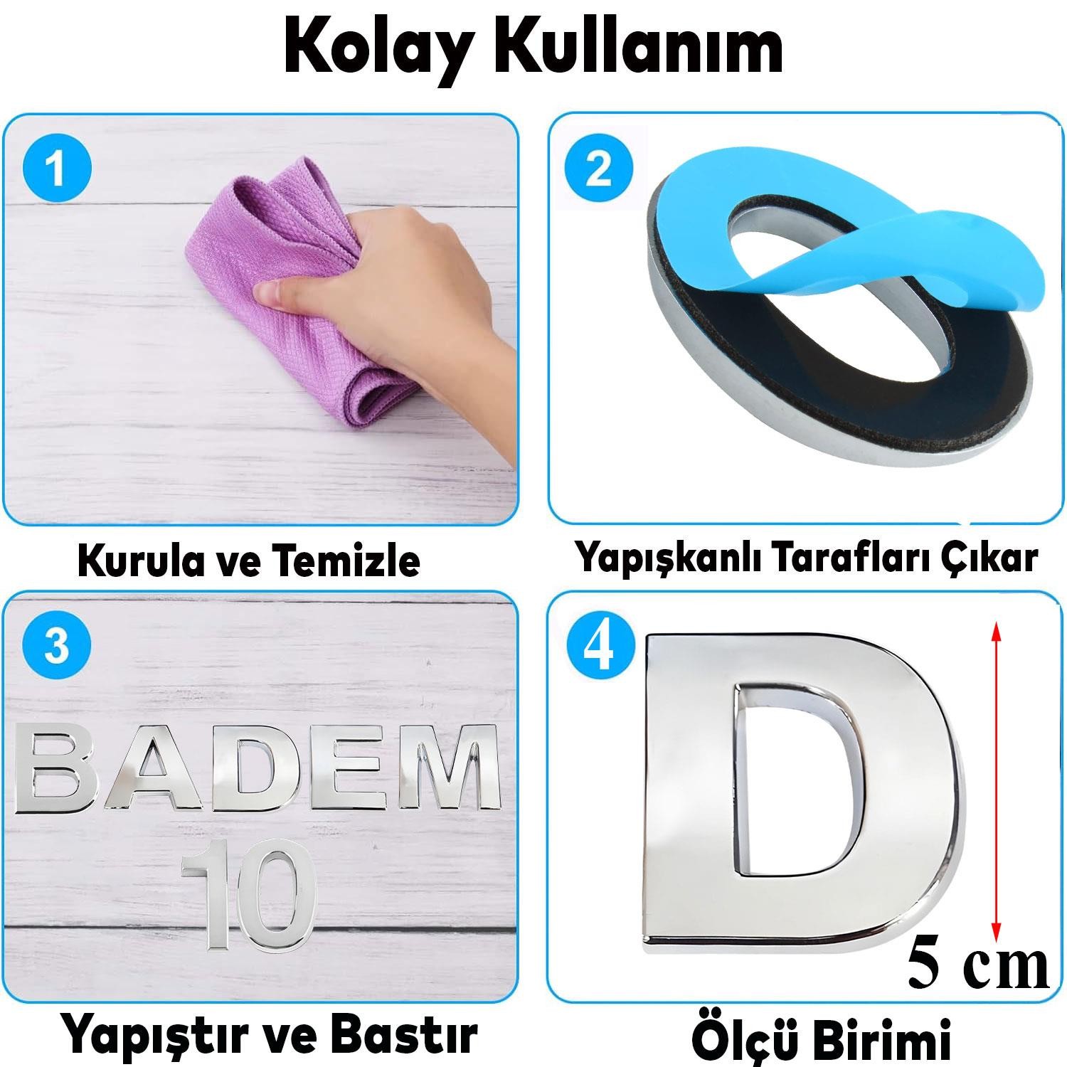 Harf Yapışkanlı D Harfi 5 cm Kapı Oda Posta Kutusu Oto Araç Harfi Yazısı Parlak Krom Gümüş 