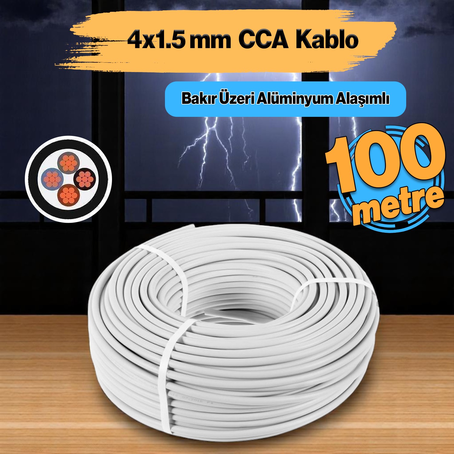 TTR CCA Çok Telli Elektrik Kablosu Topraklı Bakır İletken Trifaze Beyaz Kablo 4x1.5 mm 100 Metre