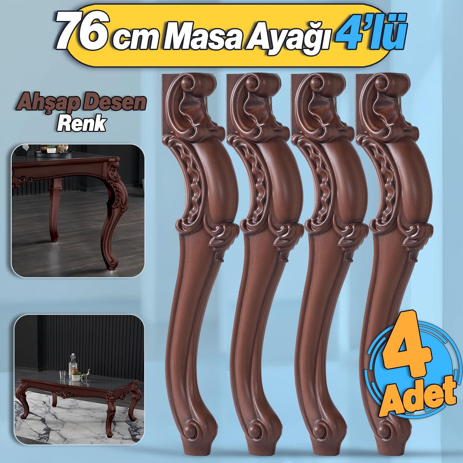 4 Adet Valenta Masa Dresuar Ayağı 76 cm Ahşap Desenli Ayak Mutfak Yemek Masası Mobilya Ayakları